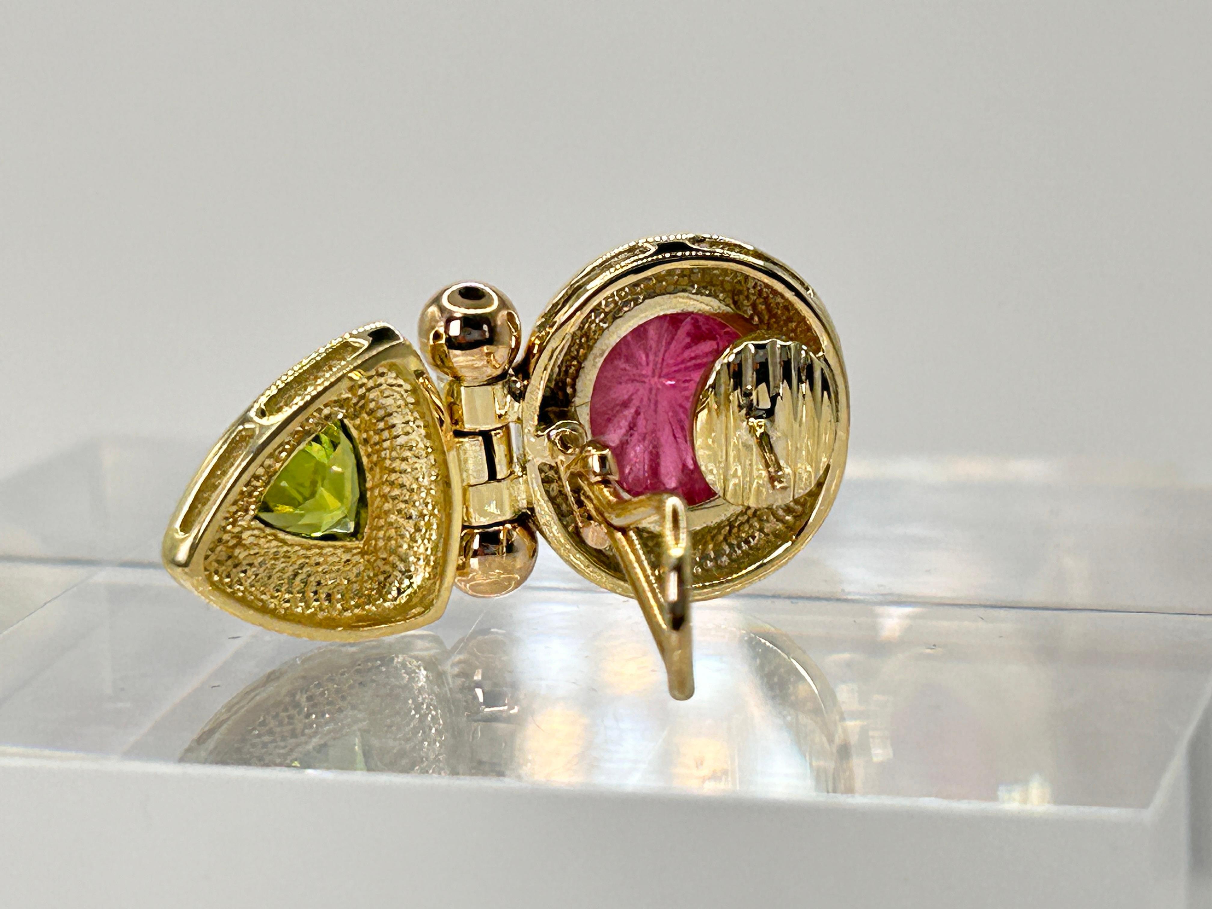 David Yurman Pink Tourmaline and Peridot Earrings in 14 Karat Yellow Gold In Good Condition For Sale In New York, NY