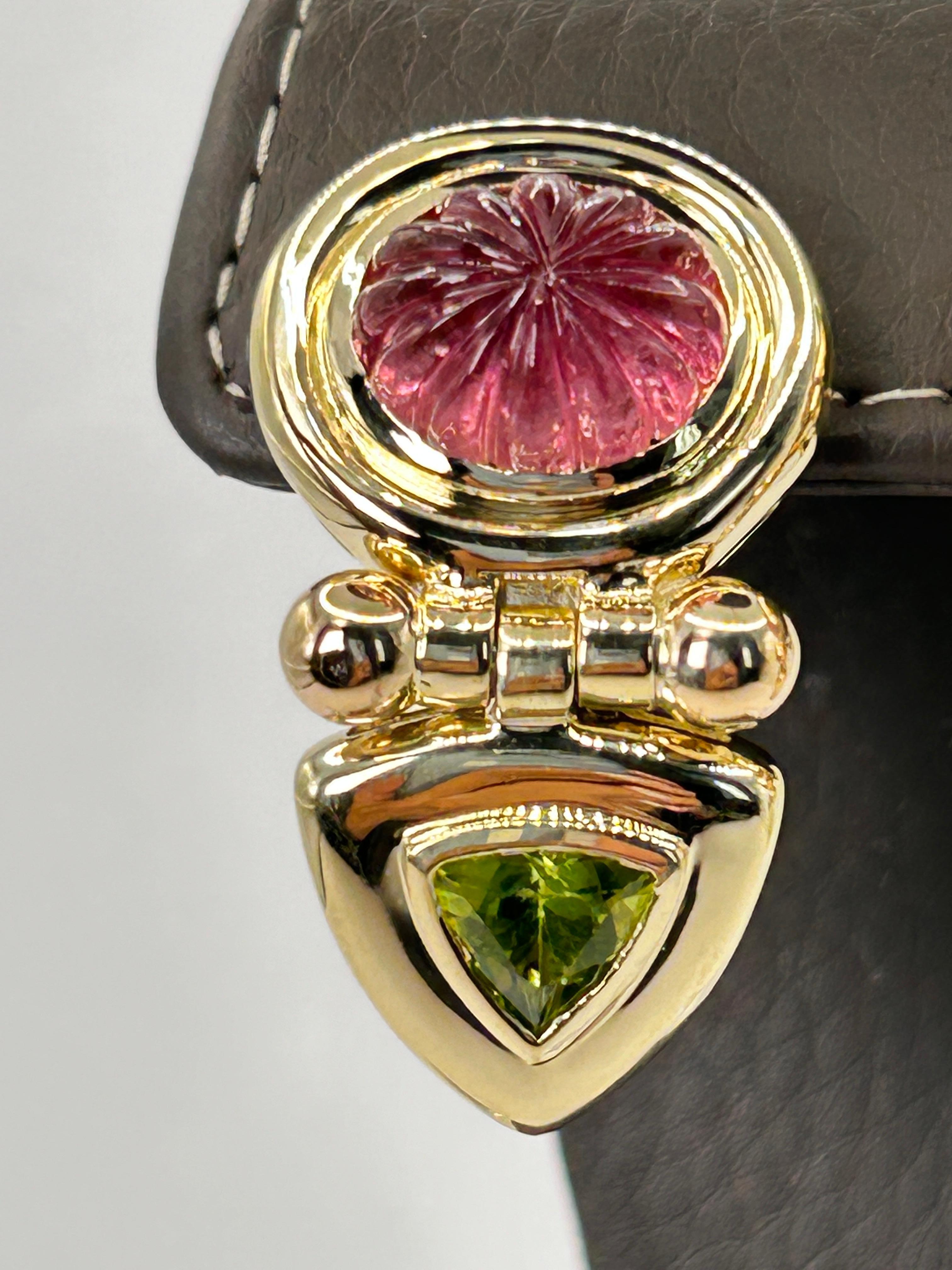 Women's or Men's David Yurman Pink Tourmaline and Peridot Earrings in 14 Karat Yellow Gold For Sale