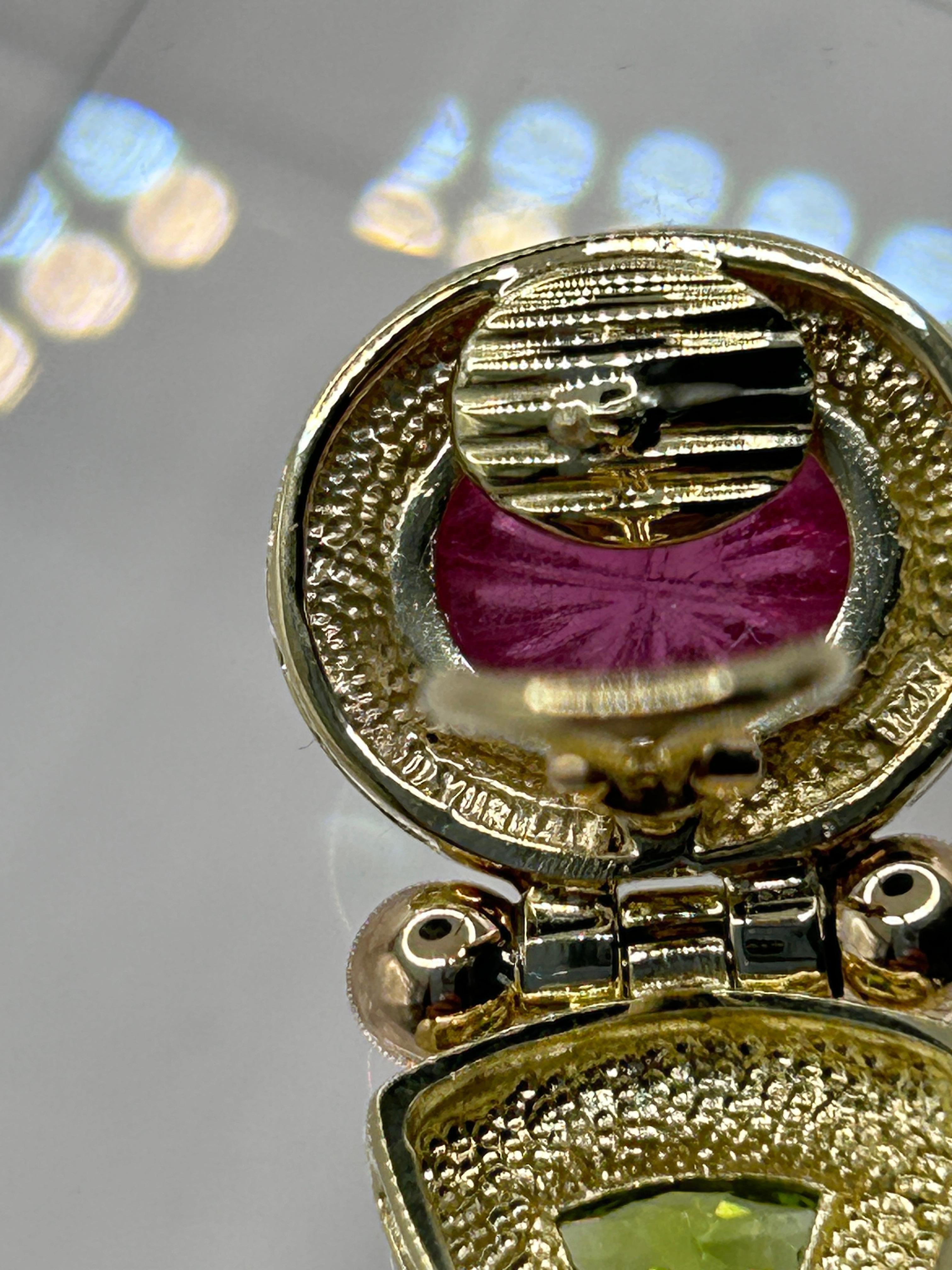 David Yurman Pink Tourmaline and Peridot Earrings in 14 Karat Yellow Gold For Sale 1