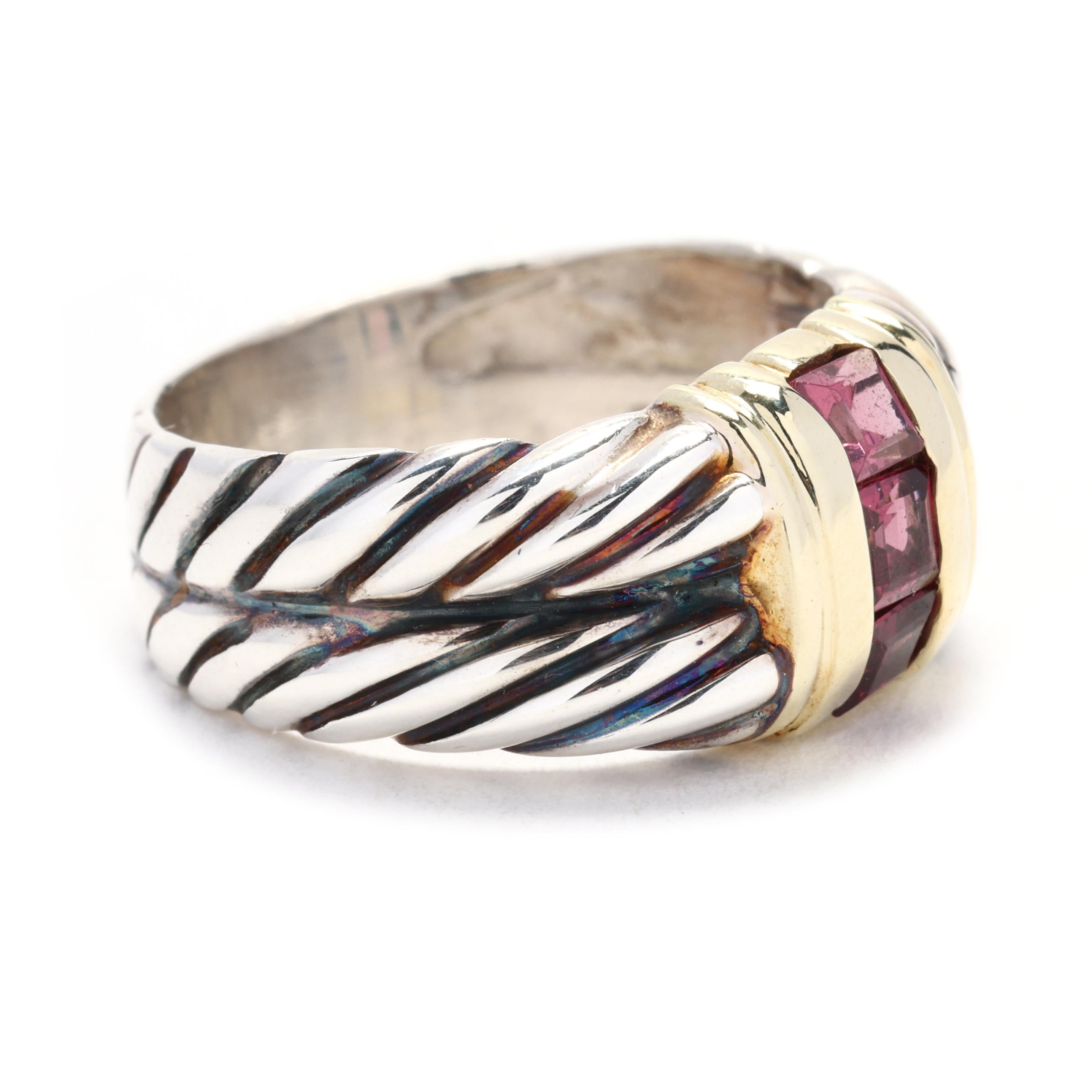 This beautiful David Yurman pink tourmaline double rope band ring is made from 14k yellow gold and sterling silver. The ring features two twisted rope bands, one in yellow gold and one in silver, which are intertwined to create a unique and