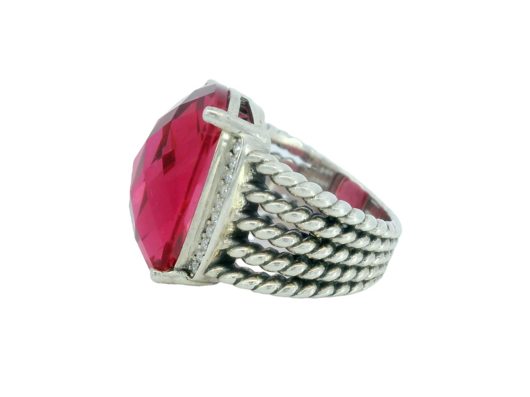 Modern David Yurman Pink Tourmaline Ring Sterling Silver with Diamonds