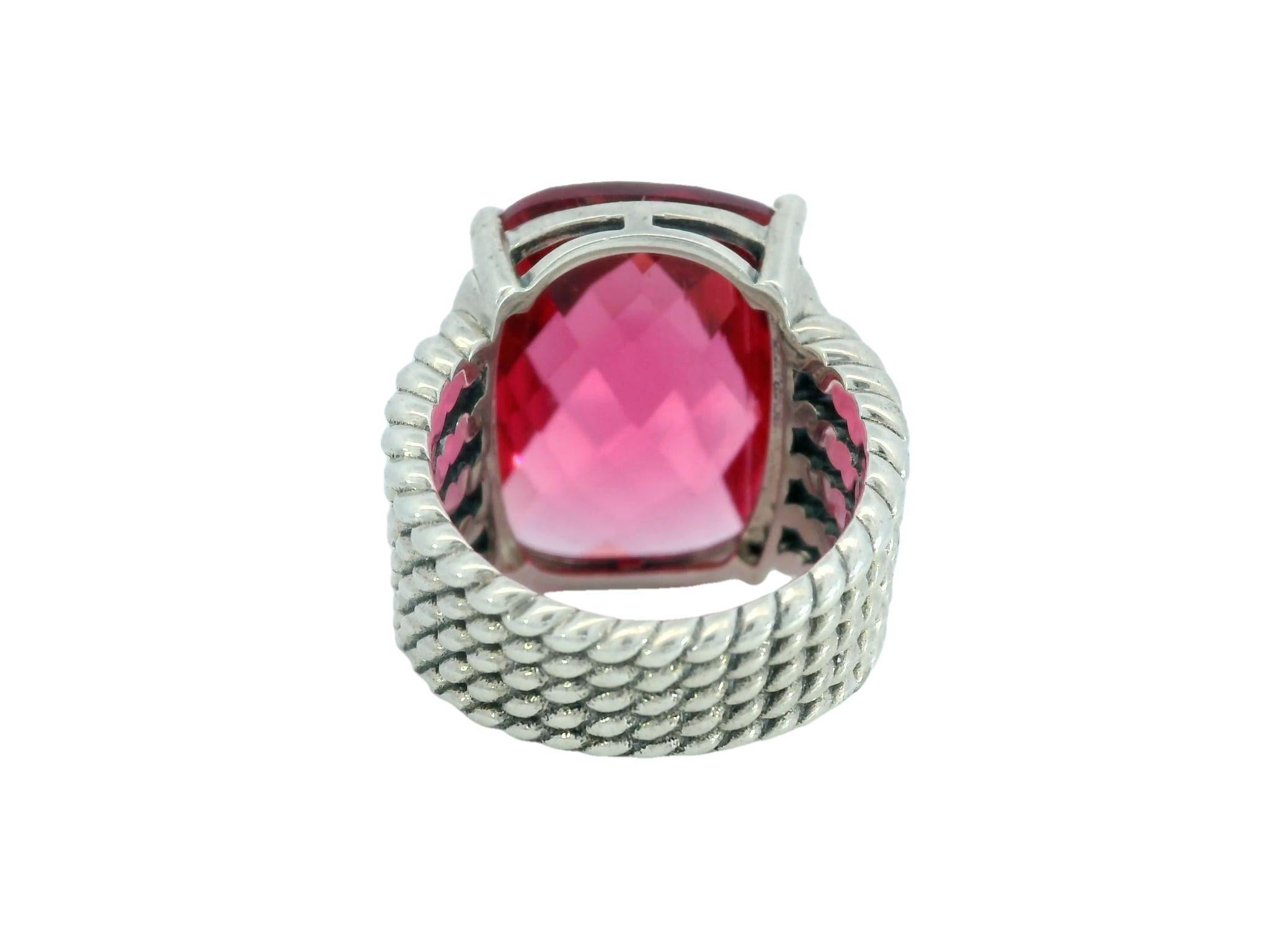 Cushion Cut David Yurman Pink Tourmaline Ring Sterling Silver with Diamonds
