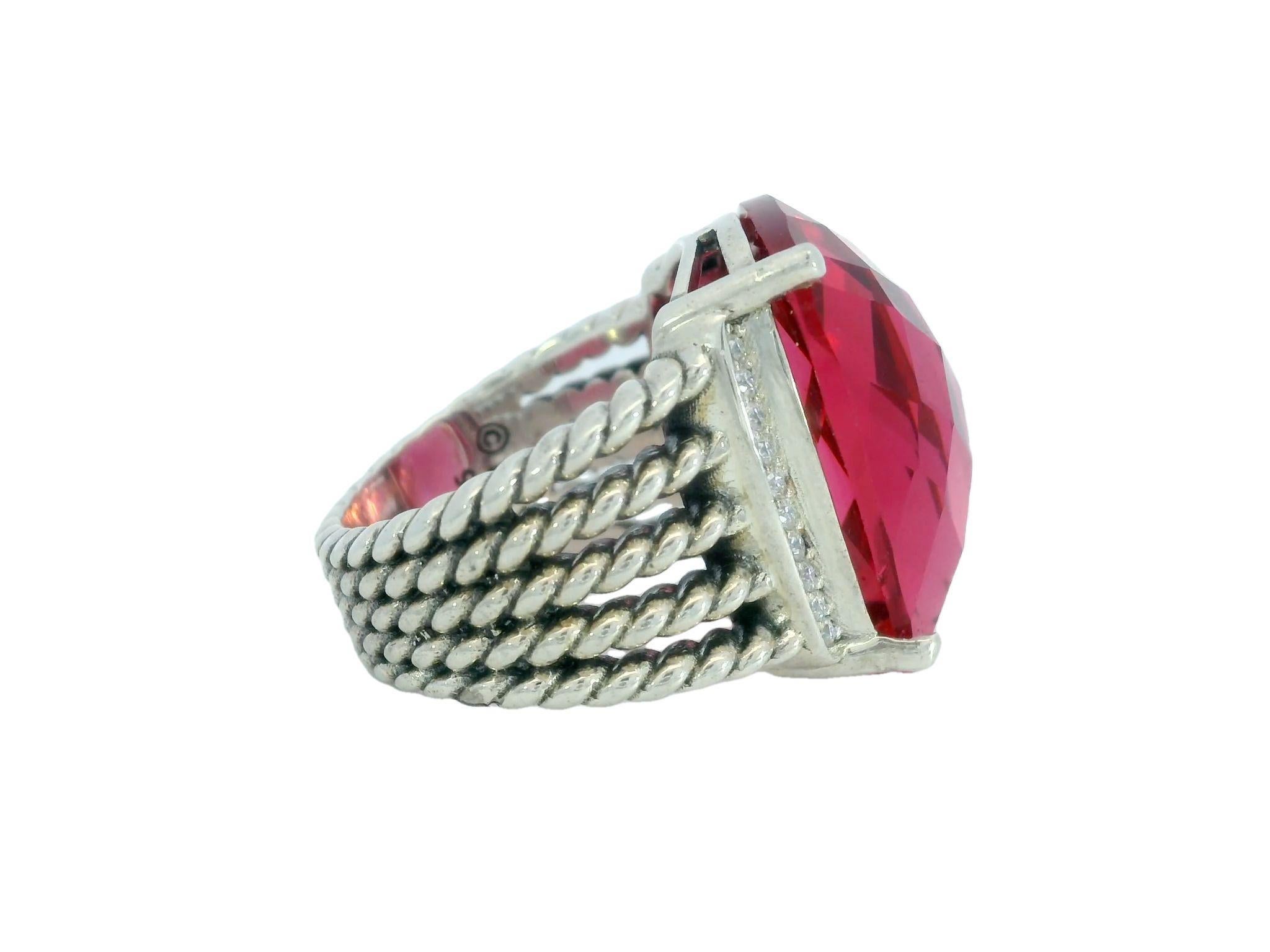 David Yurman Pink Tourmaline Ring Sterling Silver with Diamonds In Excellent Condition In Fairfield, CT