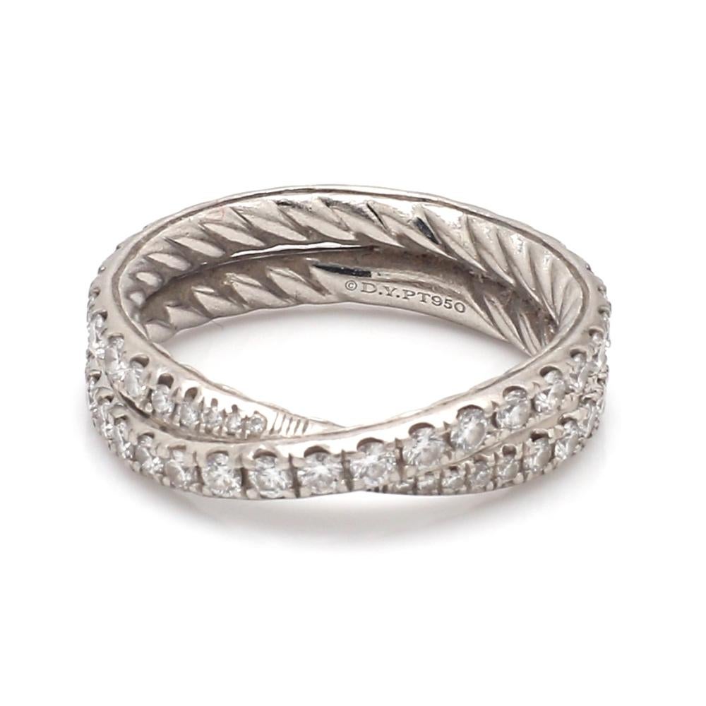 David Yurman, platinum, crossover band. Band is set with sixty-four (64) round brilliant cut diamonds weighing approximately 1.27ctw. Band weighs 6.8 grams and is a size 6. 
All questions answered.
All reasonable offers are considered!