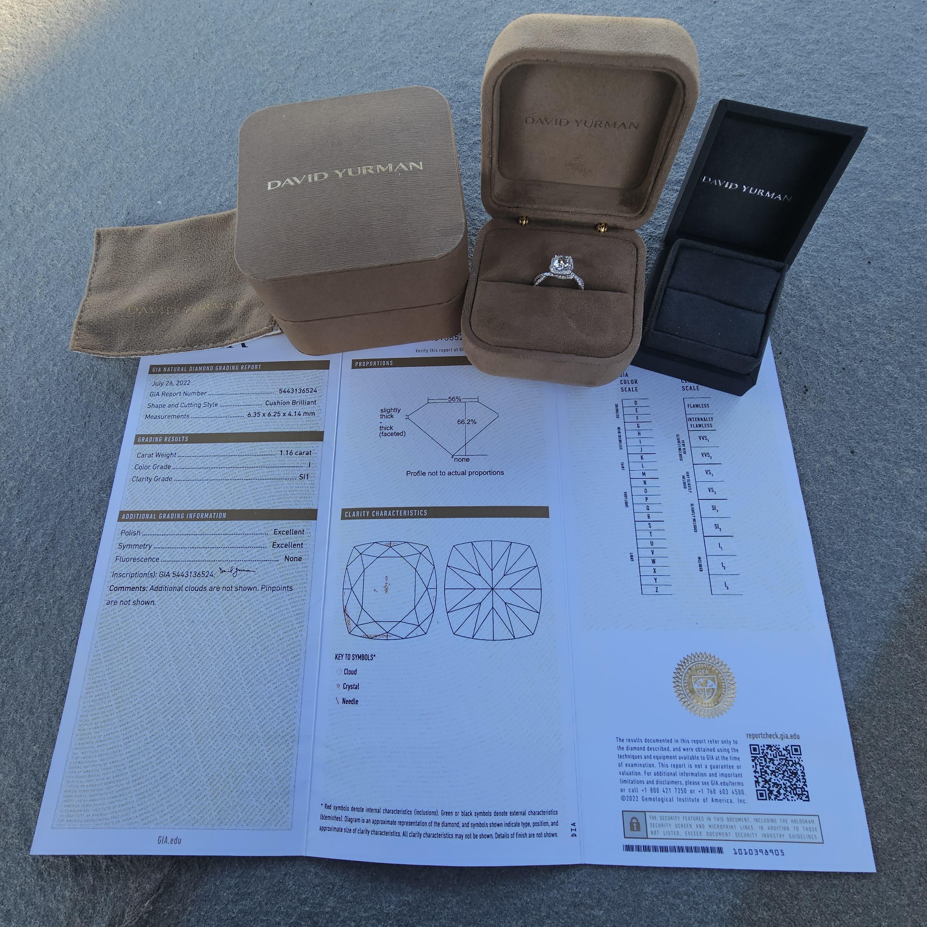 David Yurman Anillo de compromiso de diamantes en platino Infinito GIA Cojín 1,16 I SI1 en venta 12