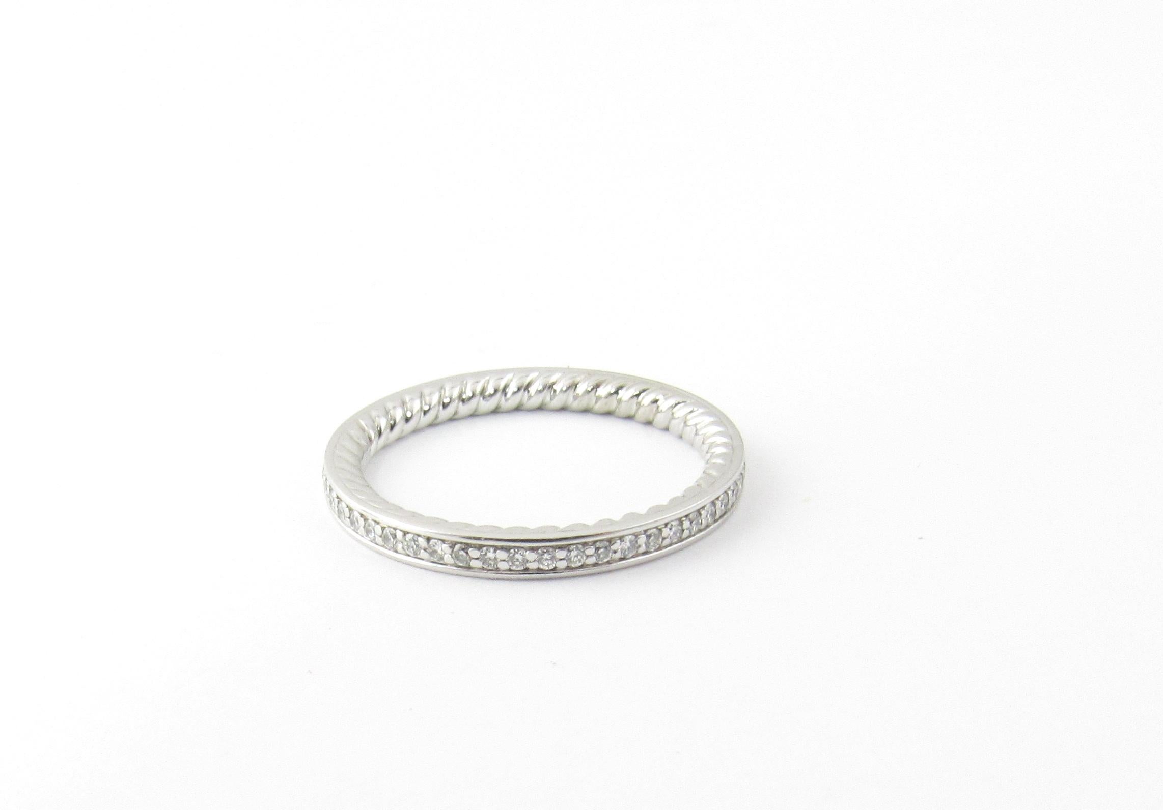 David Yurman Platinum Eden Diamond Eternity Wedding Band 

This authentic David Yurman band is a size 5.5

Channel set diamonds outside with cable design in the ring

Approx. 2mm wide.

Stamped DY PT950

2.1 dwt / 3.1 g

Round brilliant diamond of