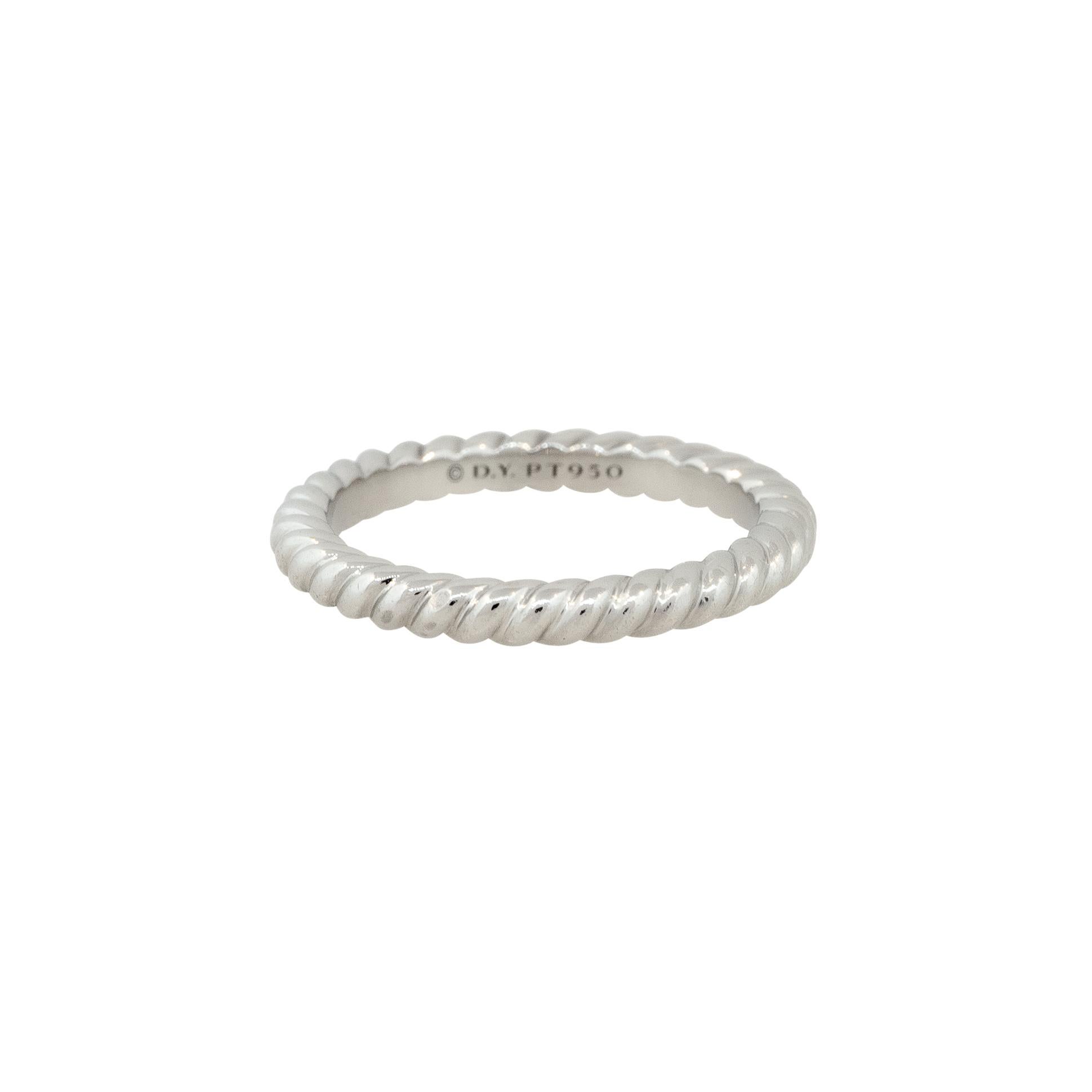 David Yurman Platinum Unity Cable Wedding Band

Brand: David Yurman
Material: Platinum
Ring Thickness: 2mm in Thickness
Ring Size: 4.5 (Can be sized)
Item Weight: 4.2g (2.7dwt)
Additional Details: This item comes with a presentation box!
SKU: R5987