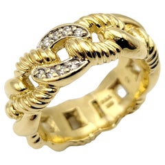 David Yurman Polished 18 Karat Yellow Gold Twisted Chain Link Ring with Diamonds