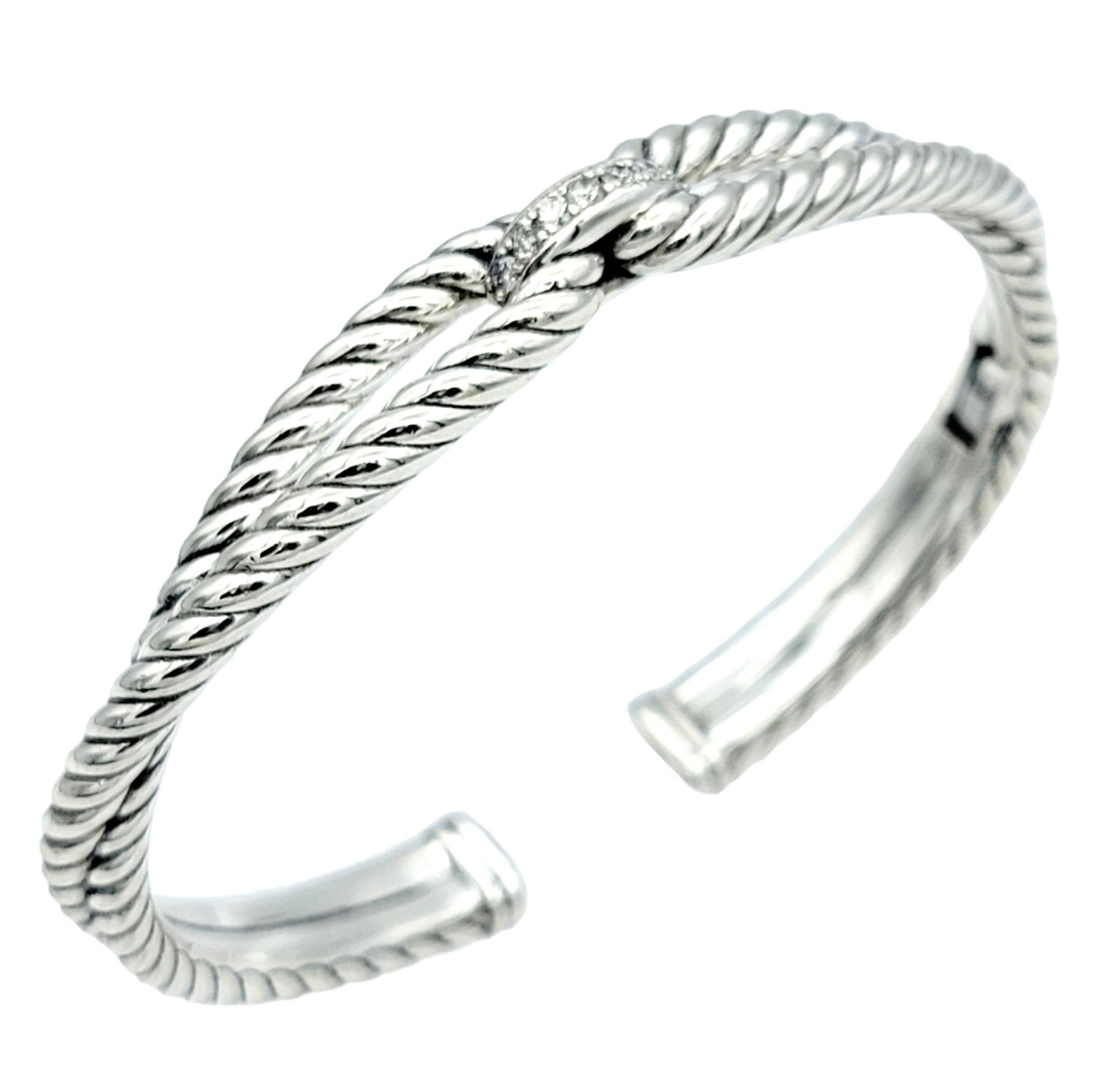 Chic sterling silver and diamond bracelet by popular jewelry designer, David Yurman. Founded in 1980 by artists David and Sybil Yurman, the company is, in their own words, “one long art project.” Their ability to fuse fashion, art and jewelry into