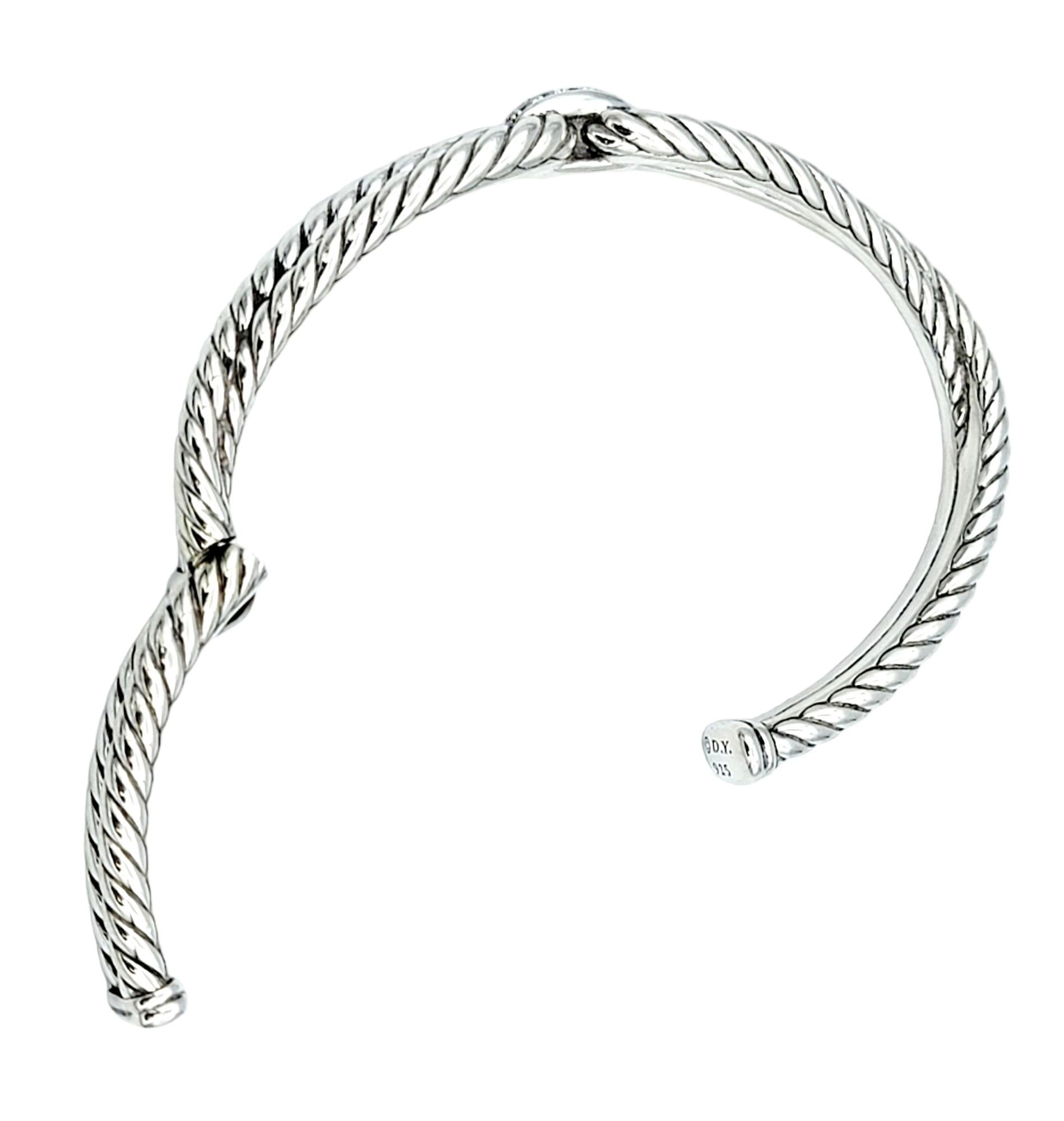 Contemporary David Yurman Polished Sterling Silver Cable Loop Cuff Bracelet with Diamonds For Sale
