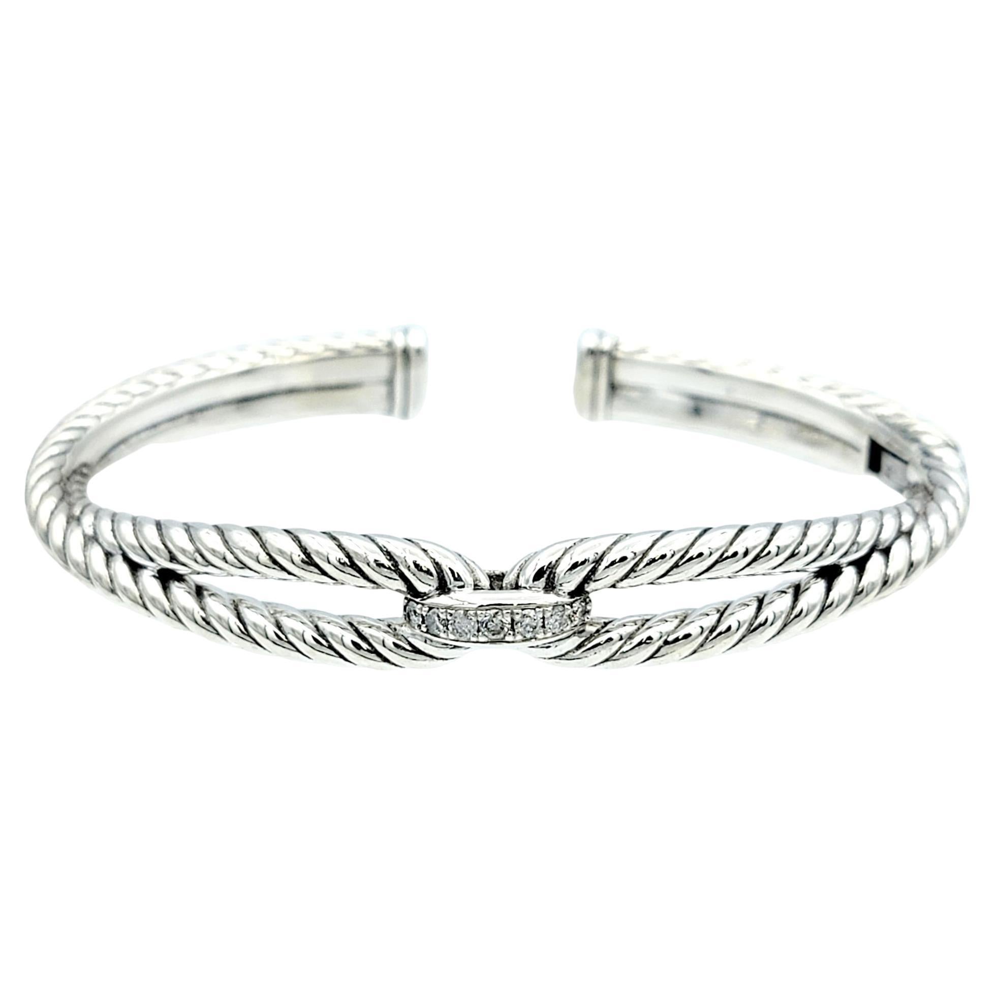 David Yurman Polished Sterling Silver Cable Loop Cuff Bracelet with Diamonds For Sale