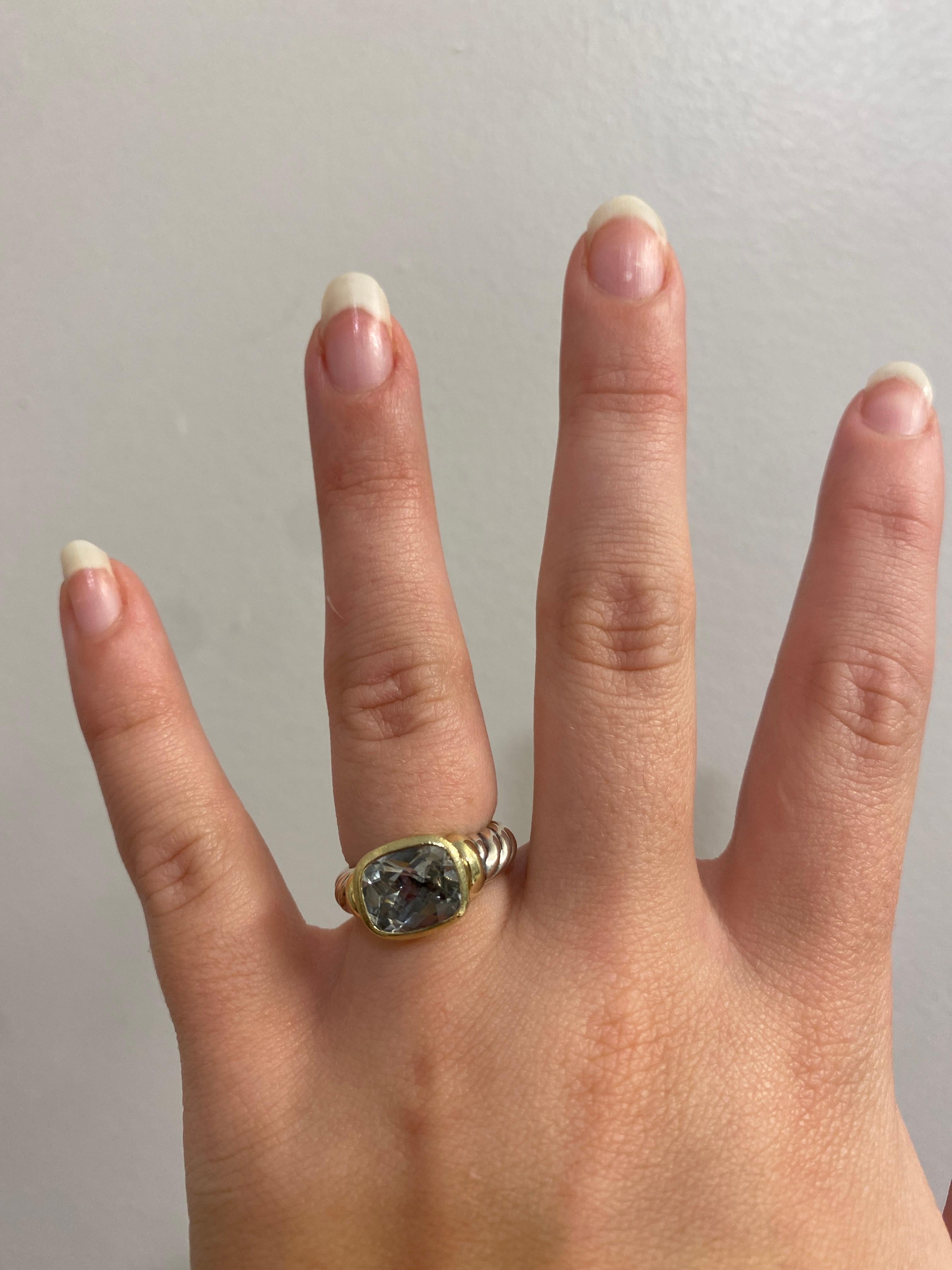 David Yurman Prasiolite Ring, 14k Yellow Gold Sterling Silver, Green Amethyst In Good Condition For Sale In McLeansville, NC