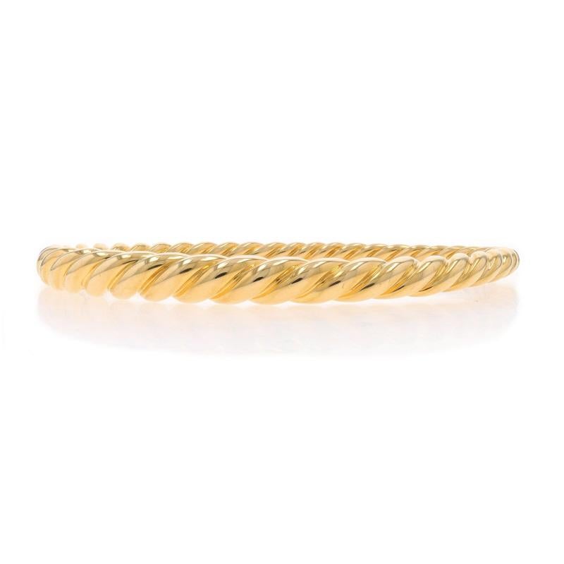 Retail Price: $6200

Brand: David Yurman
Collection: Pure Form
Design:  Cable

Metal Content: 18k Yellow Gold

Style: Bangle
Fastening Type: Tab Box Clasp
Features: Tapered Oval Silhouette

Measurements
Inner Circumference: 6 3/4