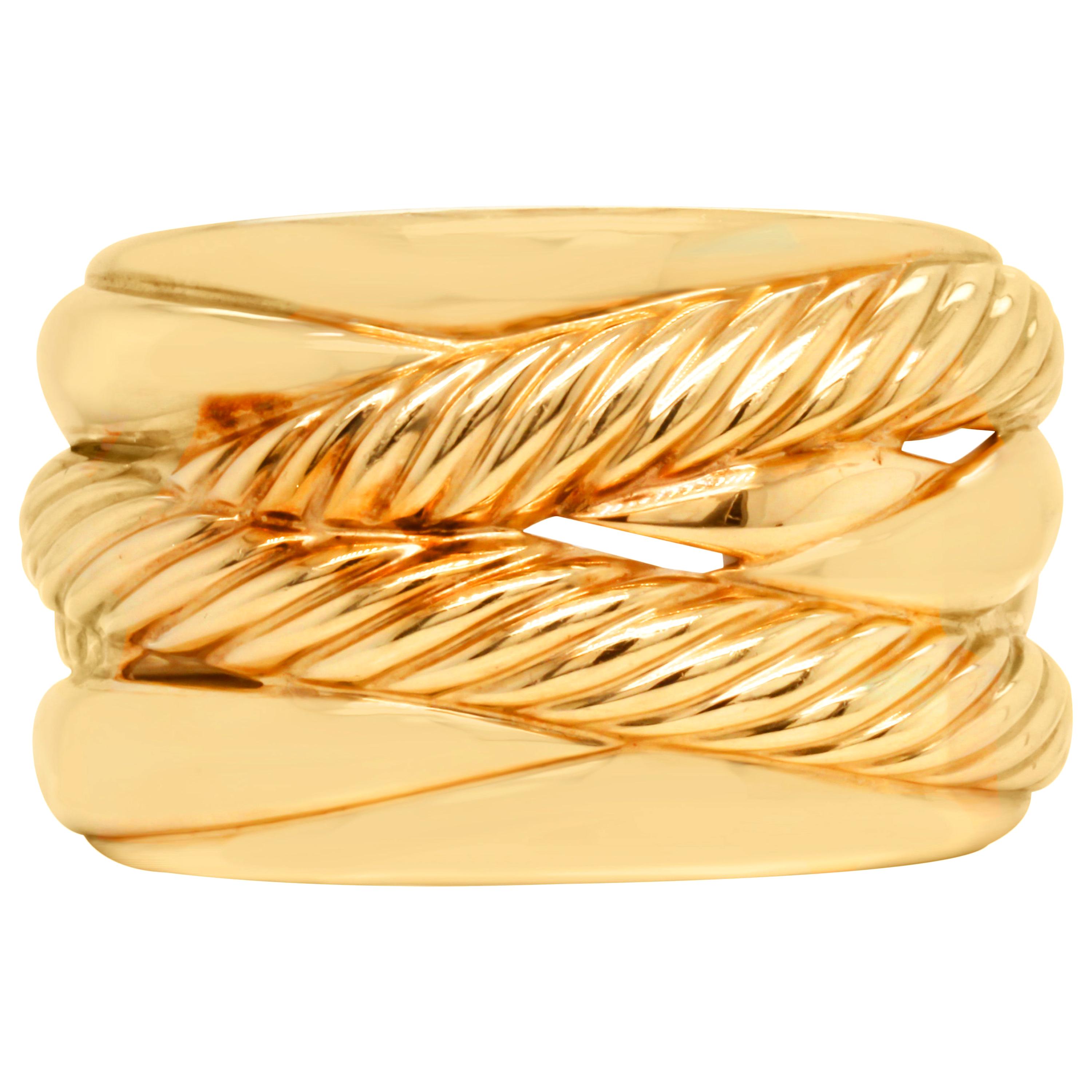 David Yurman Pure Form Collection 18 Karat Yellow Gold Wide Cuff Bangle Bracelet For Sale