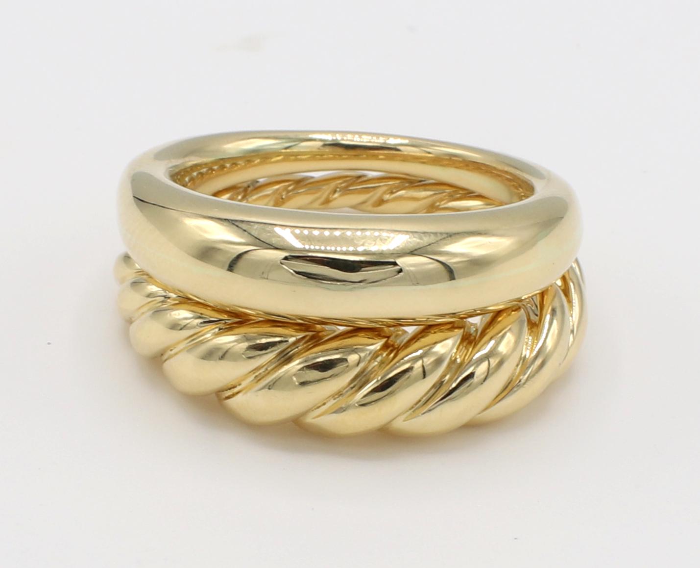 David Yurman Pure Form® Stack Rings Set of Two 18 Karat Yellow Gold
Metal: 18k yellow gold
Weight: 14.41 grams
Size: 8 (US)
Width: 1.8 - 5.2mm
Signed: David Yurman 750
Retail: $2,200 USD