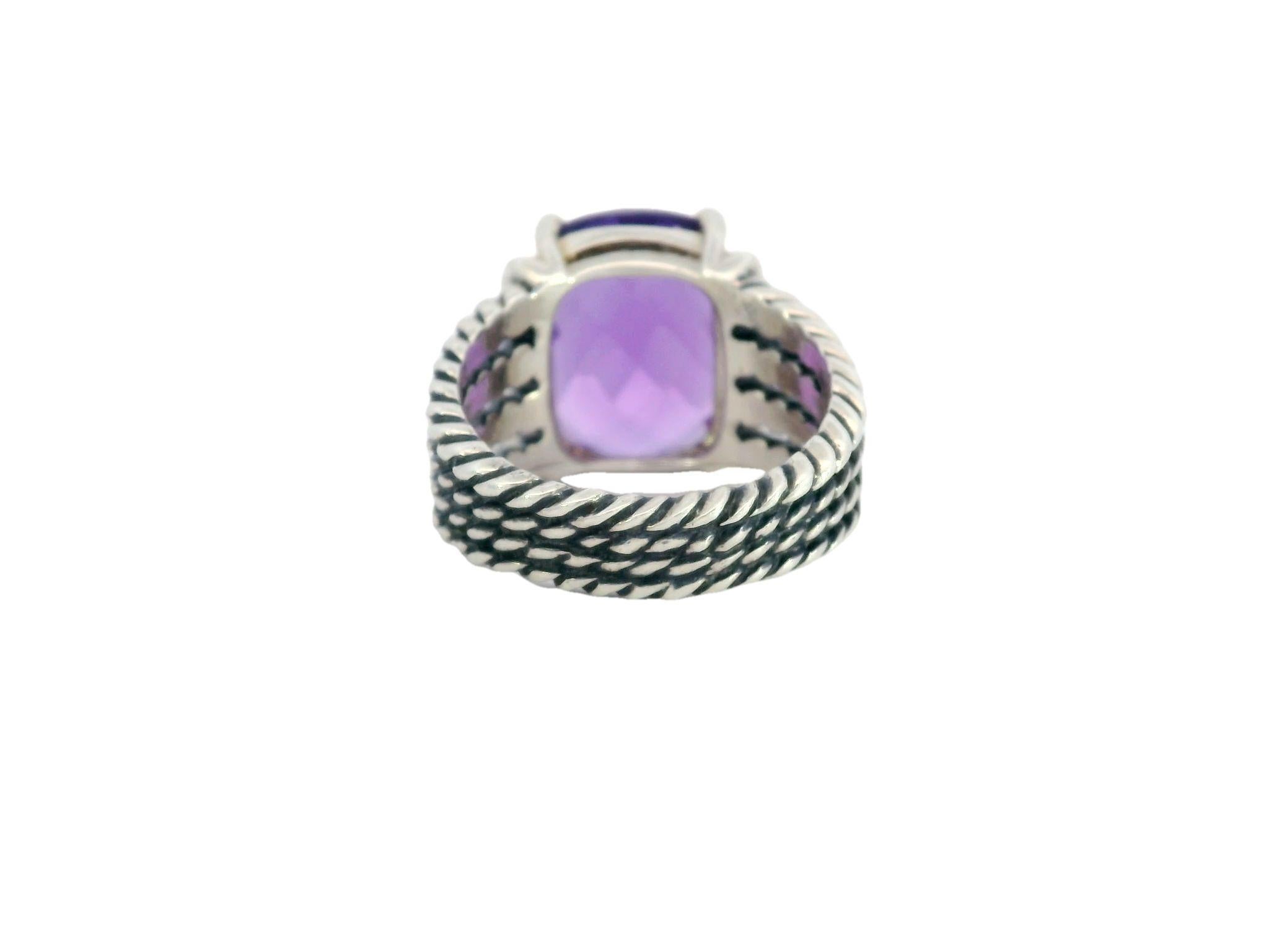 Modern David Yurman Purple Amethyst Sterling Silver Rope Ring with Diamonds For Sale