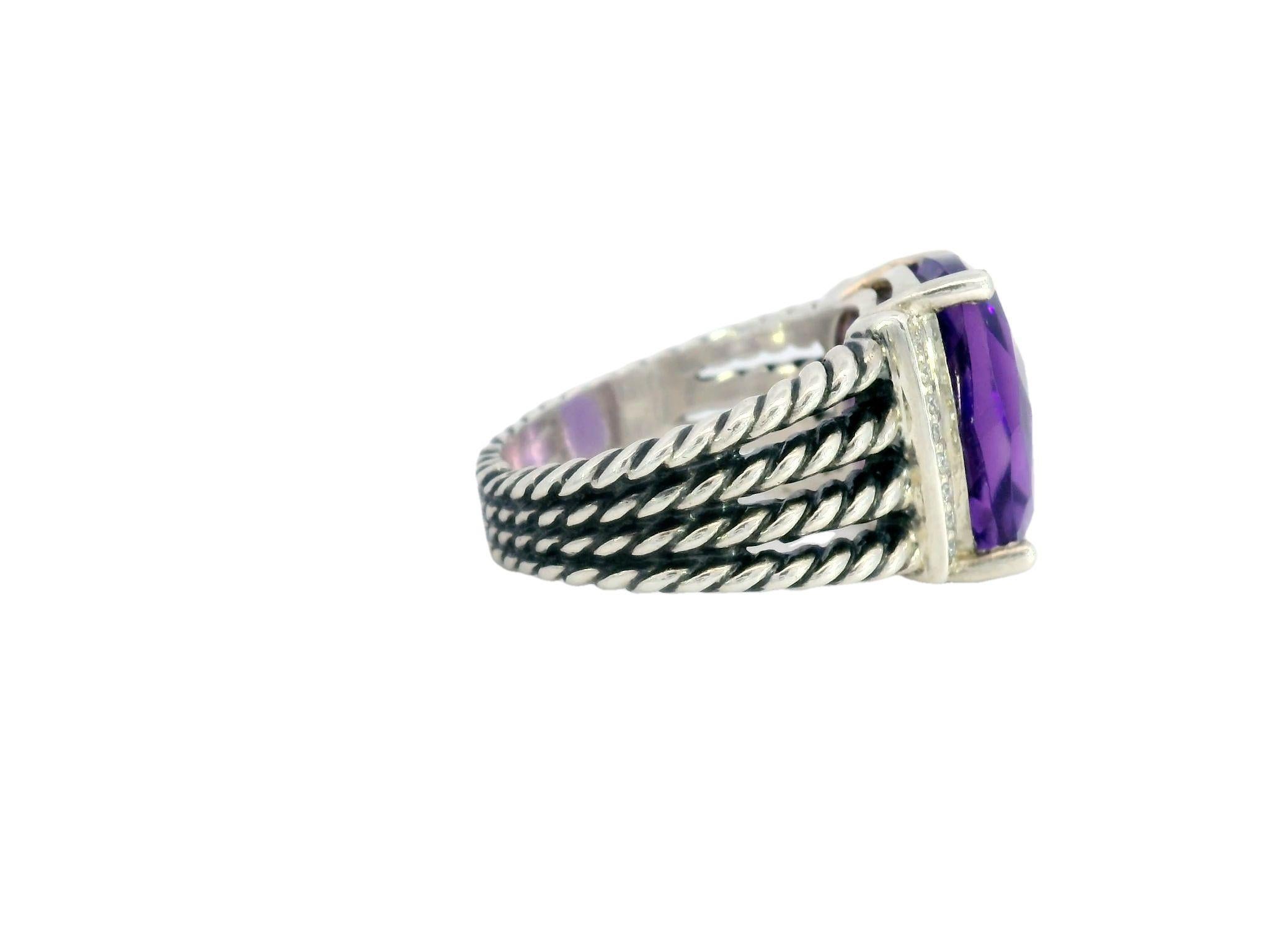 Cushion Cut David Yurman Purple Amethyst Sterling Silver Rope Ring with Diamonds For Sale