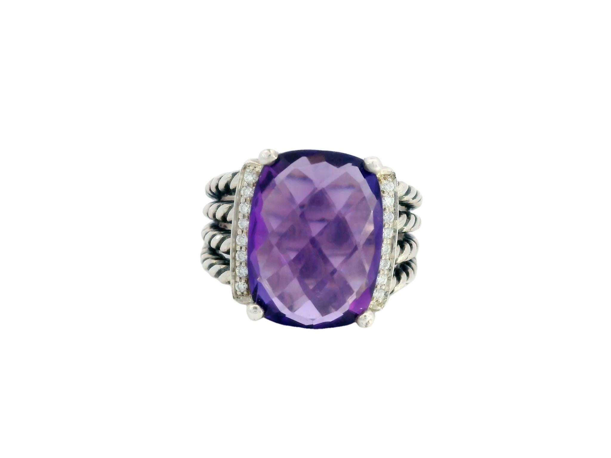 David Yurman Purple Amethyst Sterling Silver Rope Ring with Diamonds In Excellent Condition For Sale In Fairfield, CT
