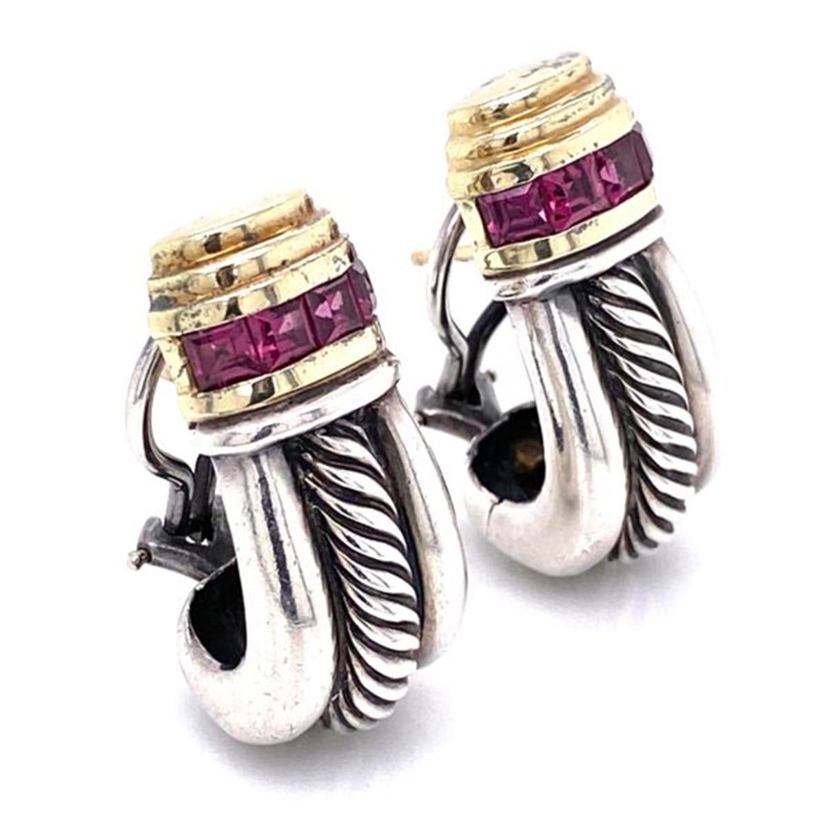 Modernist David Yurman Purple Garnet Gold and Sterling Clip Earrings Fine Estate Jewelry