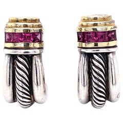 Retro David Yurman Purple Garnet Gold and Sterling Clip Earrings Fine Estate Jewelry