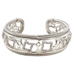 David Yurman Quaterfoil Sterling Silver & Diamond Cable Cuff Bangle Bracelet