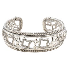 David Yurman Quaterfoil Sterling Silver & Diamond Cable Cuff Bangle Bracelet 