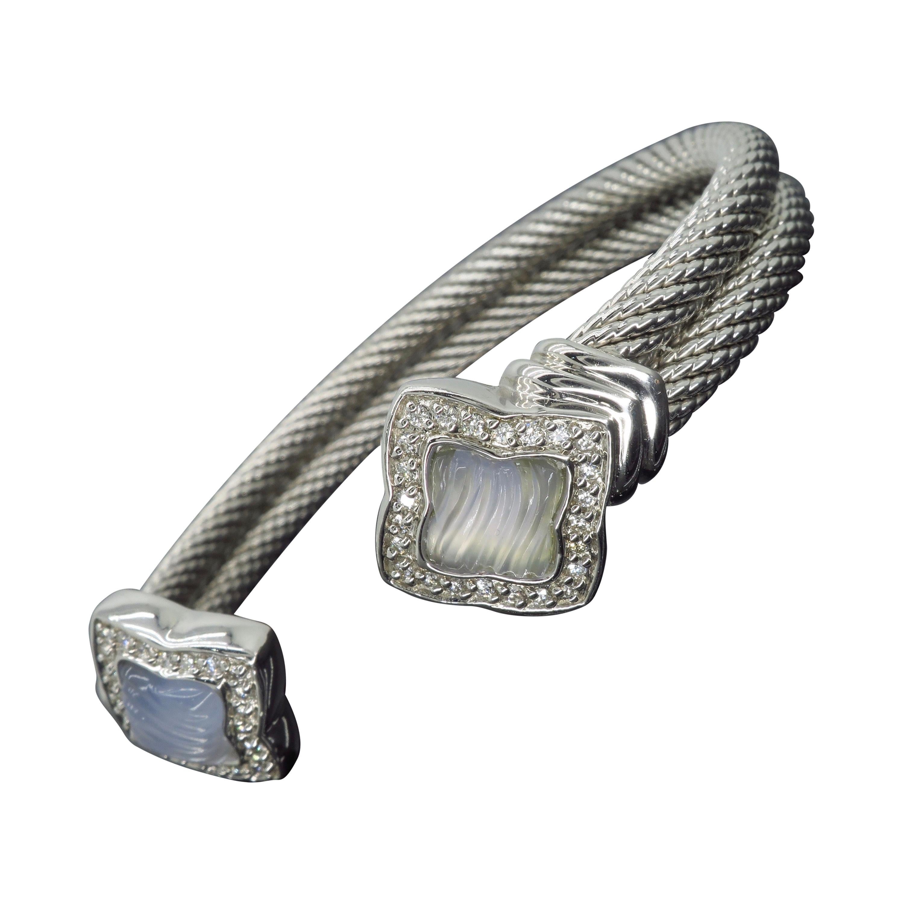 David Yurman Quatrefoil 18 Karat White Gold Diamond and Chalcedony Cuff Bracelet