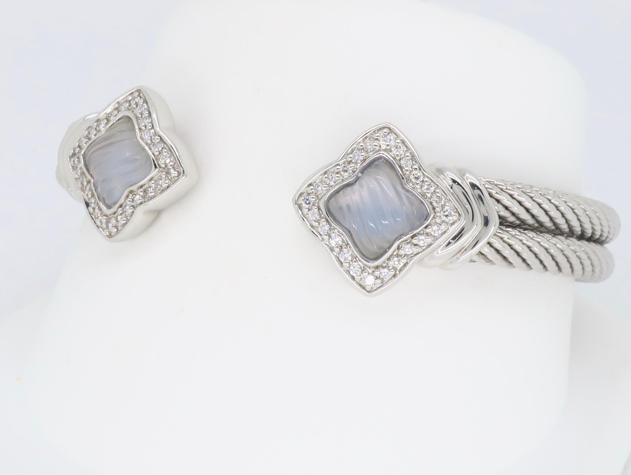 Women's David Yurman Quatrefoil 18 Karat White Gold Diamond and Chalcedony Cuff Bracelet
