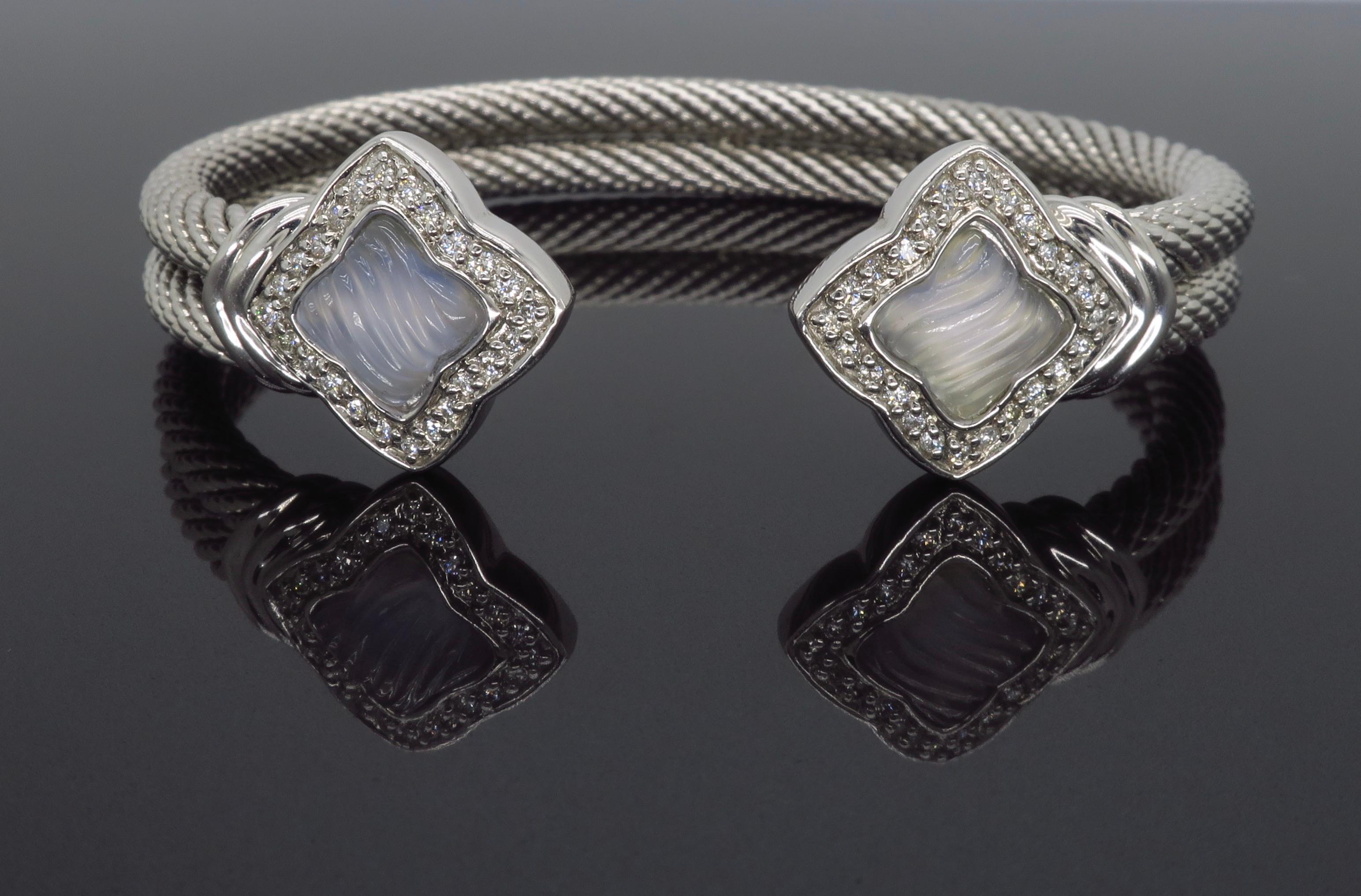 David Yurman Quatrefoil 18 Karat White Gold Diamond and Chalcedony Cuff Bracelet 1