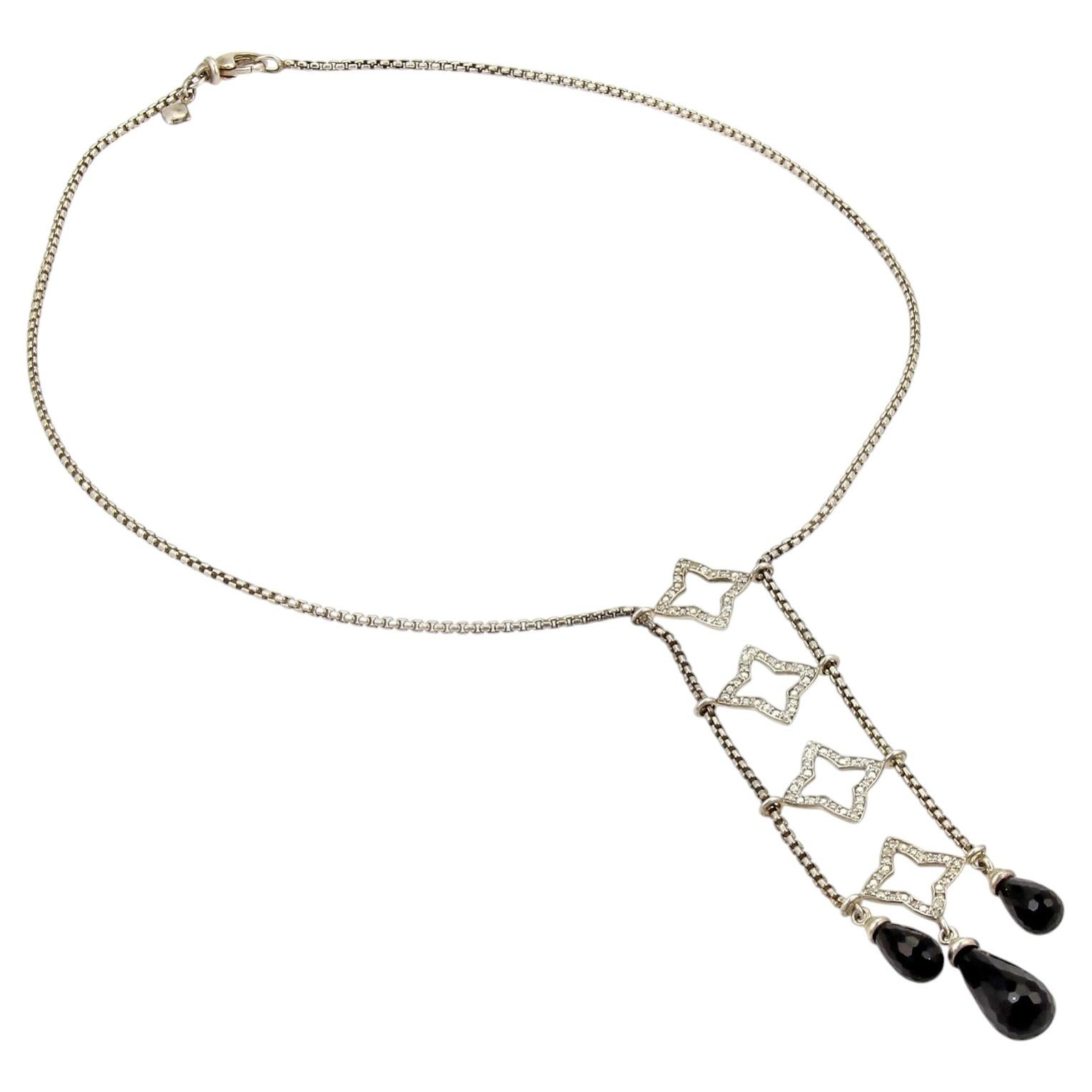 Pre-owned David Yurman Quatrefoil Diamond & Briolette Onyx Sterling Silver Drop Necklace In Black