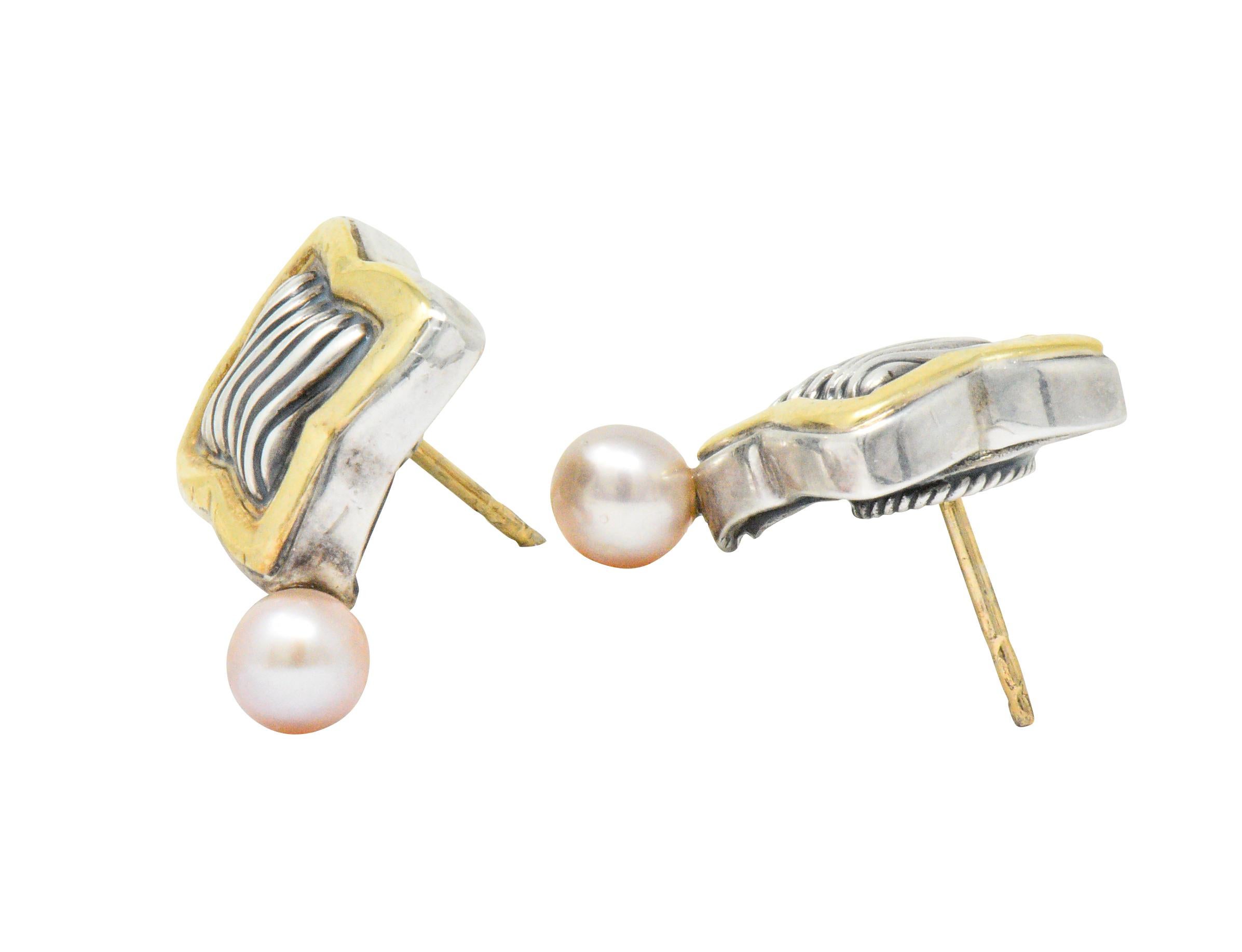 David Yurman Quatrefoil Pearl 18 Karat Gold Sterling Silver Drop Earrings In Excellent Condition In Philadelphia, PA