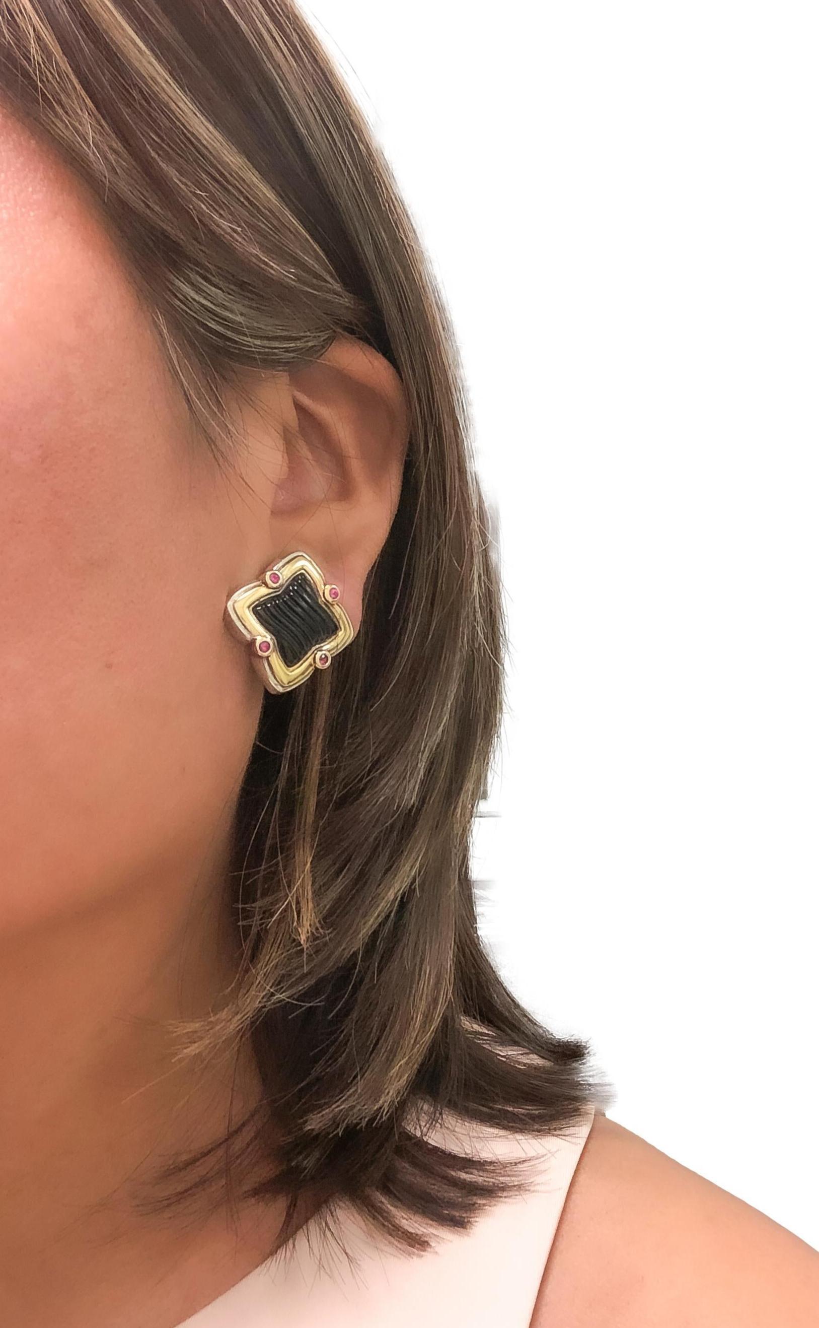 Women's David Yurman Quatrefoil Silver 18K Gold Carved Onyx and Pink Tourmaline Earrings