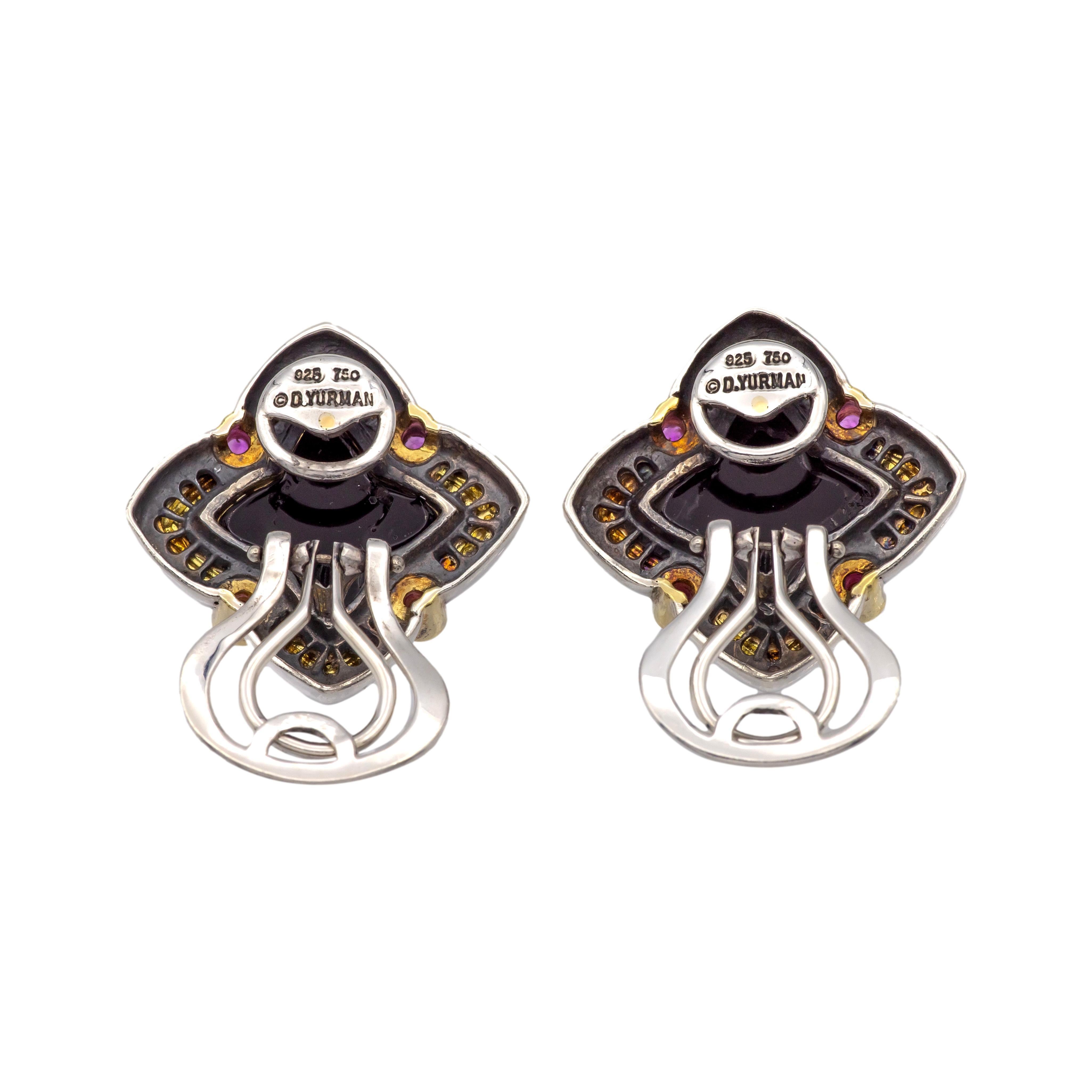Contemporary David Yurman Quatrefoil Silver 18K Gold Carved Onyx and Pink Tourmaline Earrings