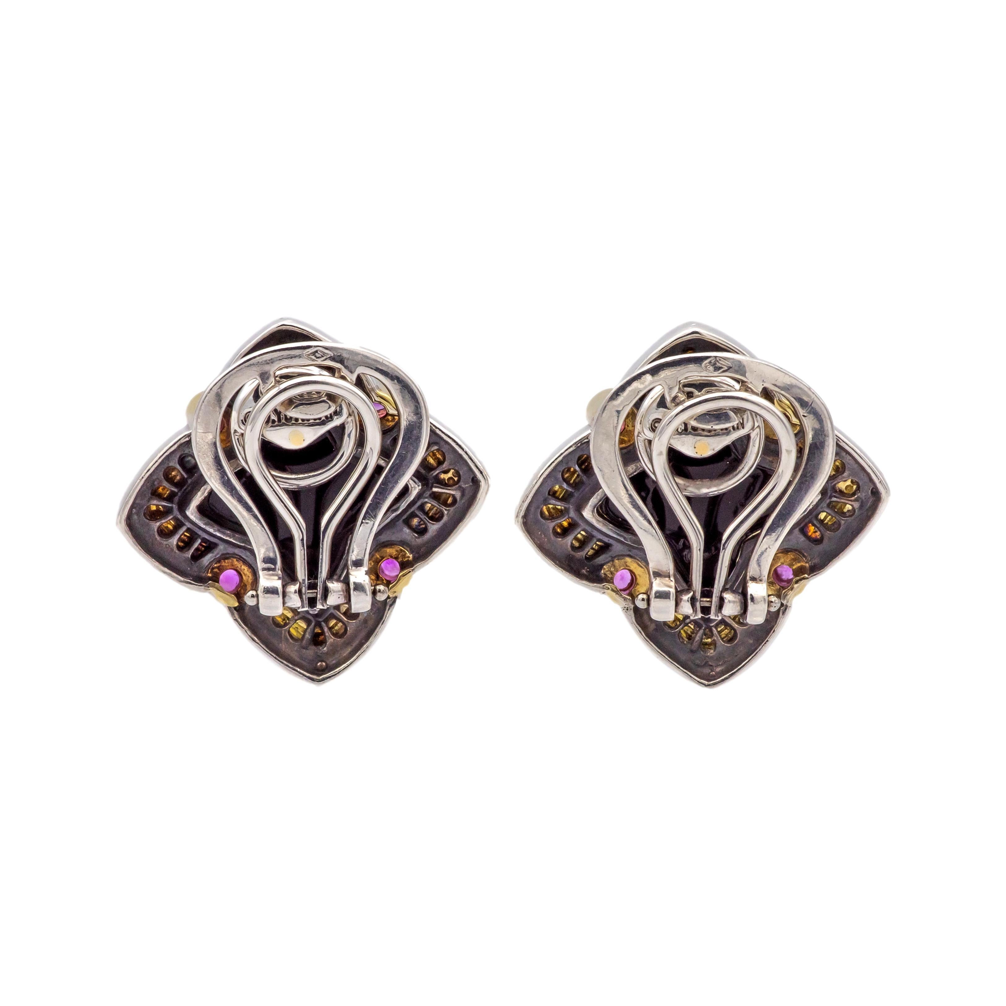 Round Cut David Yurman Quatrefoil Silver 18K Gold Carved Onyx and Pink Tourmaline Earrings