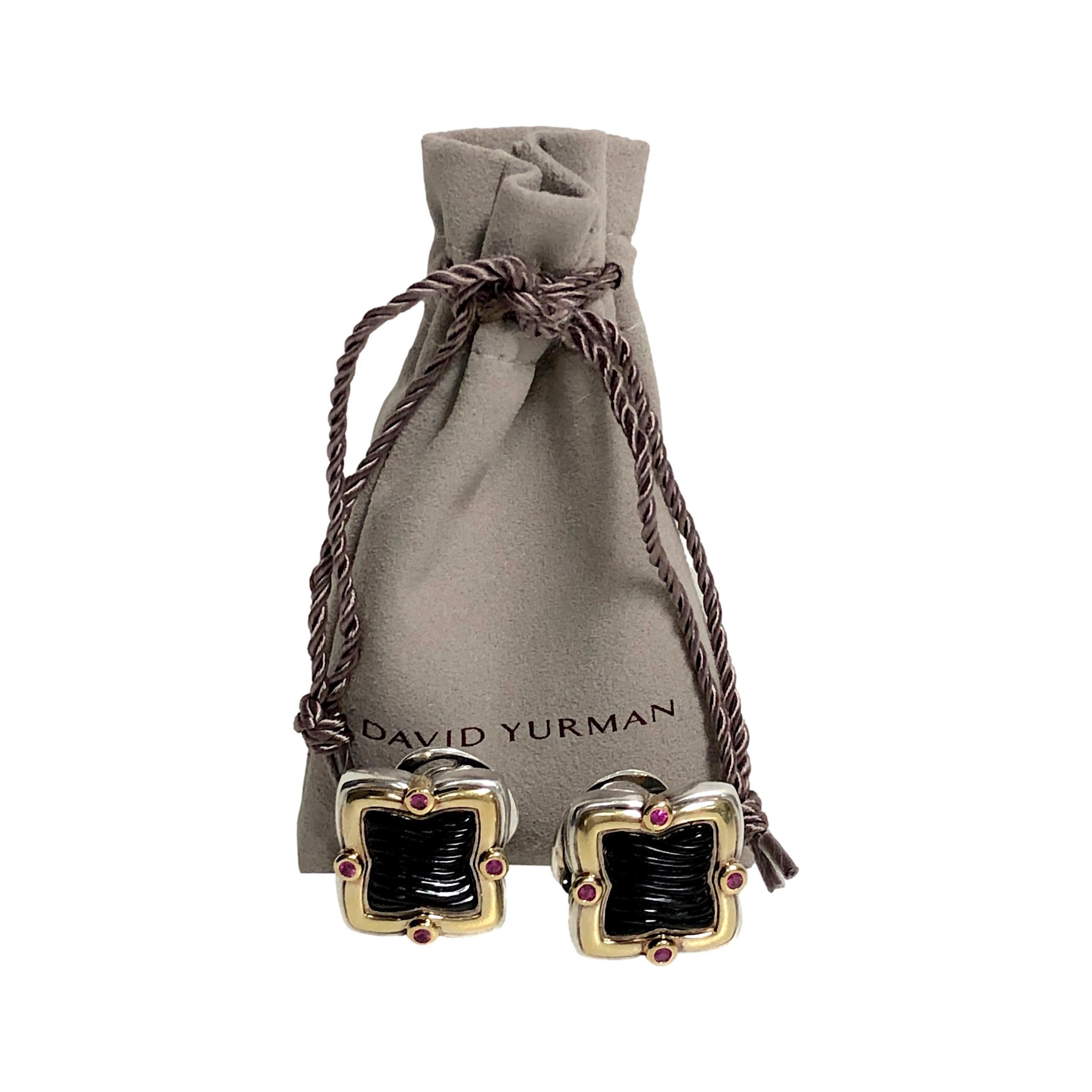 David Yurman Quatrefoil Silver 18K Gold Carved Onyx and Pink Tourmaline Earrings 1