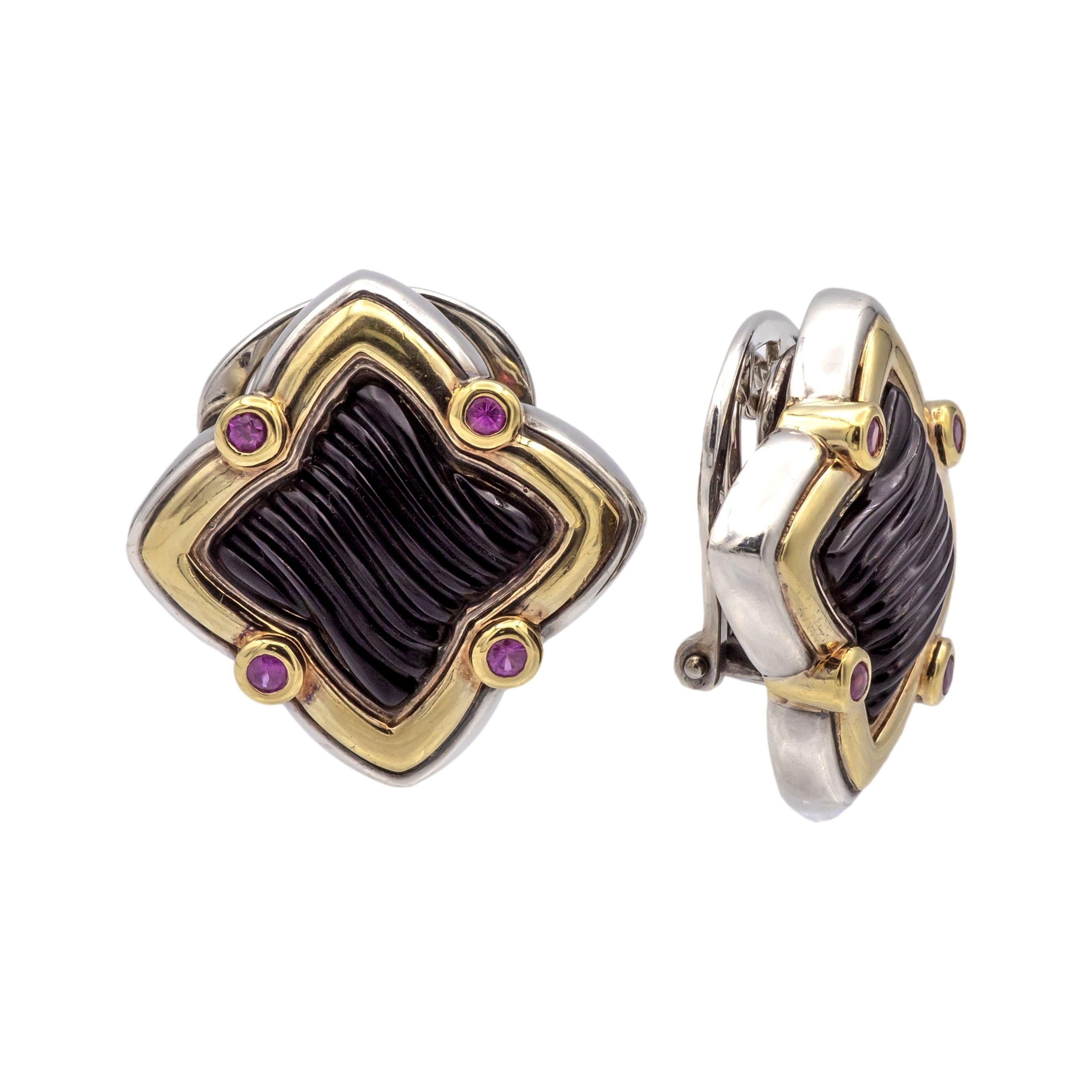 David Yurman Quatrefoil Silver 18K Gold Carved Onyx and Pink Tourmaline Earrings 2