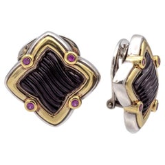 David Yurman Quatrefoil Silver 18K Gold Carved Onyx and Pink Tourmaline Earrings