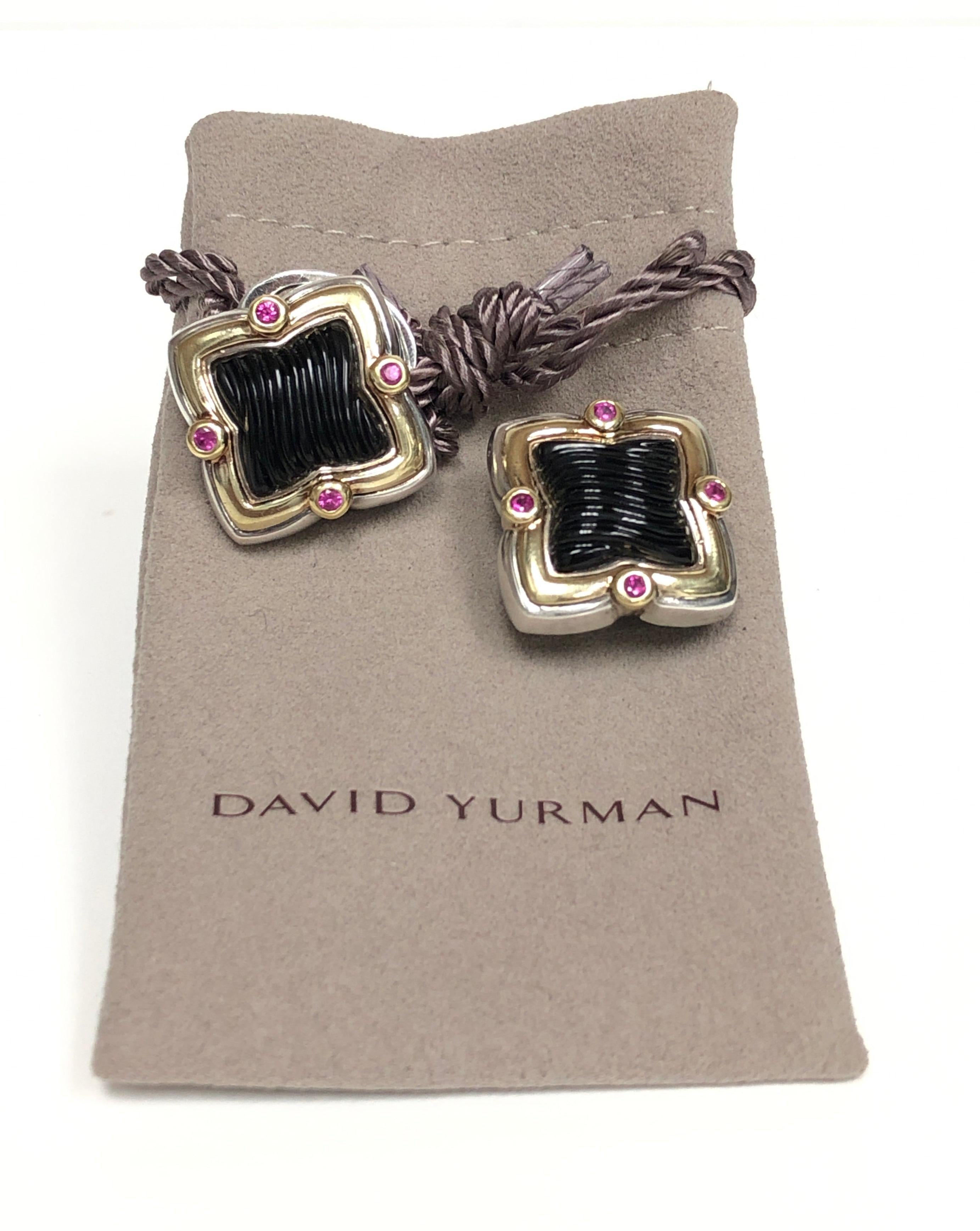 Retro David Yurman Quatrefoil Silver + 18K Gold Onyx and Pink Tourmaline Earrings For Sale