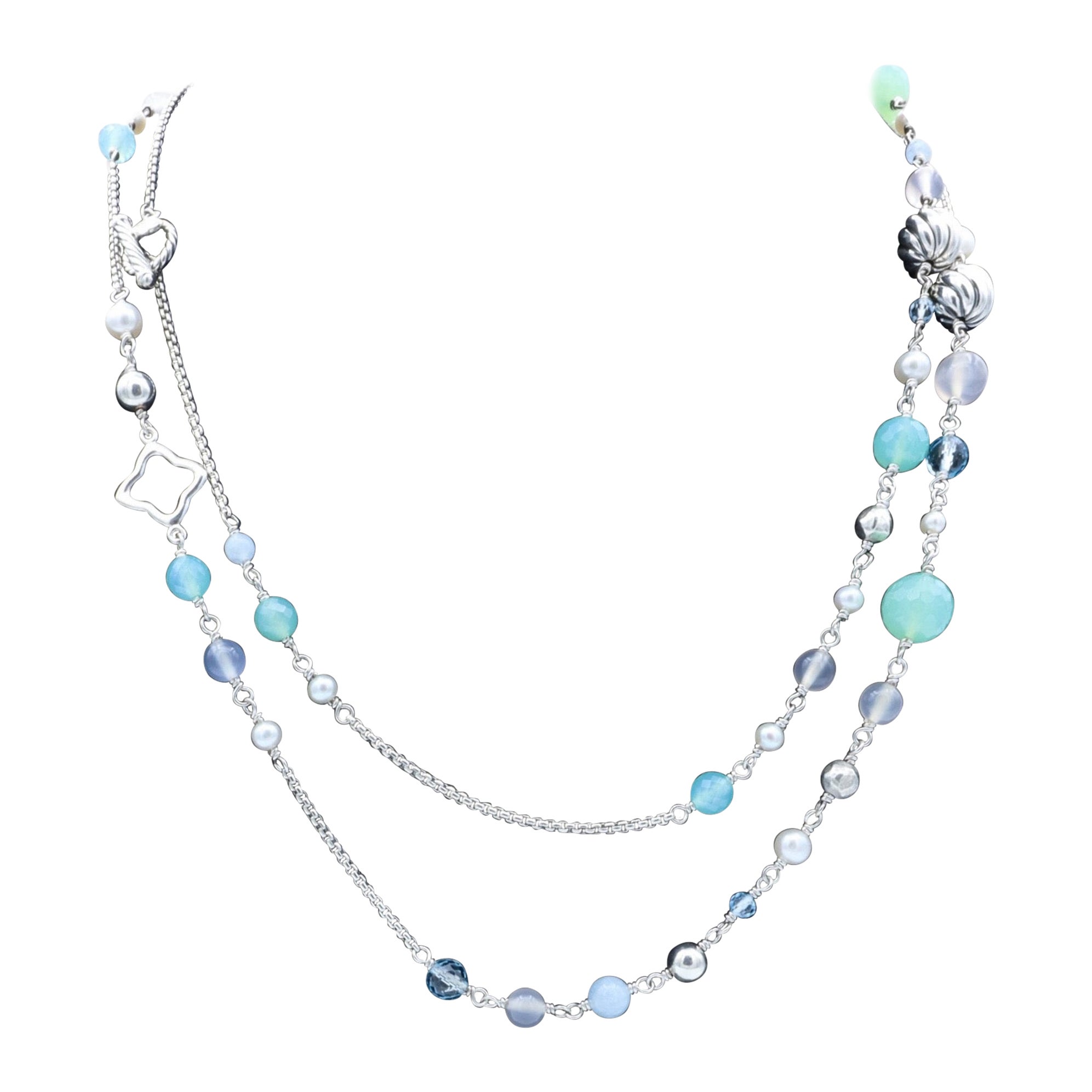 David Yurman Quatrefoil Sterling Silver Multi Colored Stones Toggle Necklace 48"