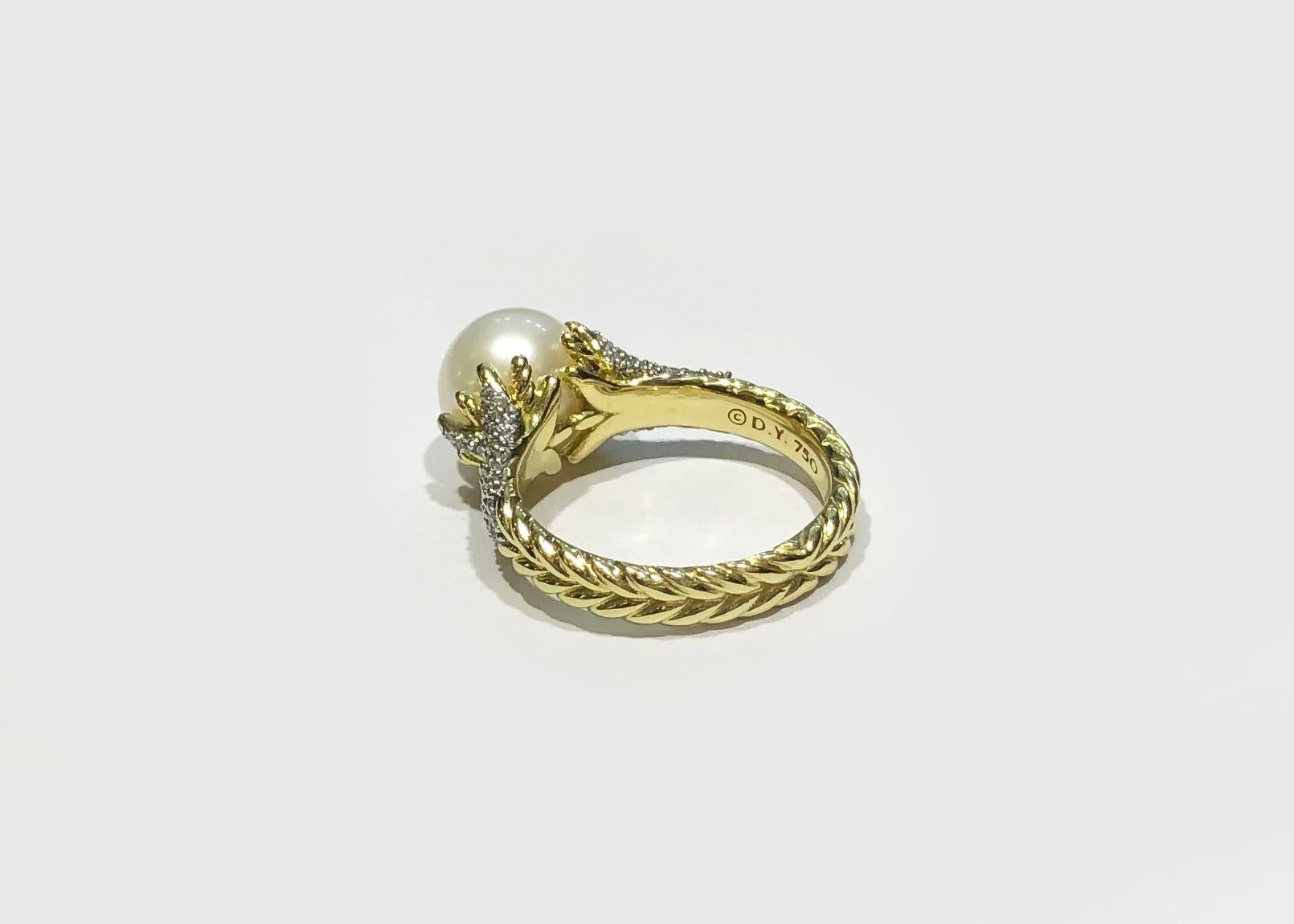David Yurman Rare Starburst Pearl 18 Karat Yellow Gold and Pave Diamond Ring In Excellent Condition In New York, NY