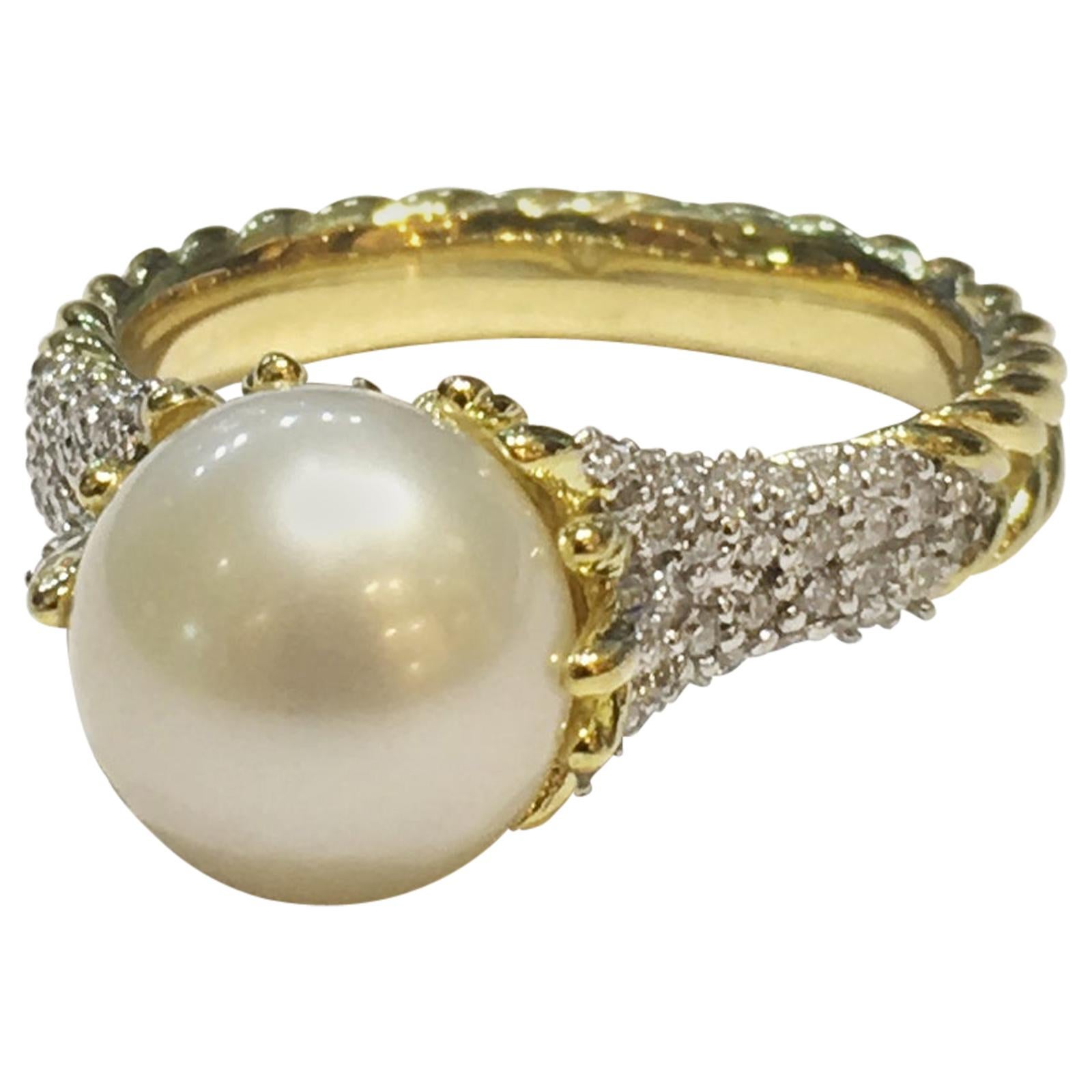 David Yurman Rare Starburst Pearl 18 Karat Yellow Gold and Pave Diamond Ring