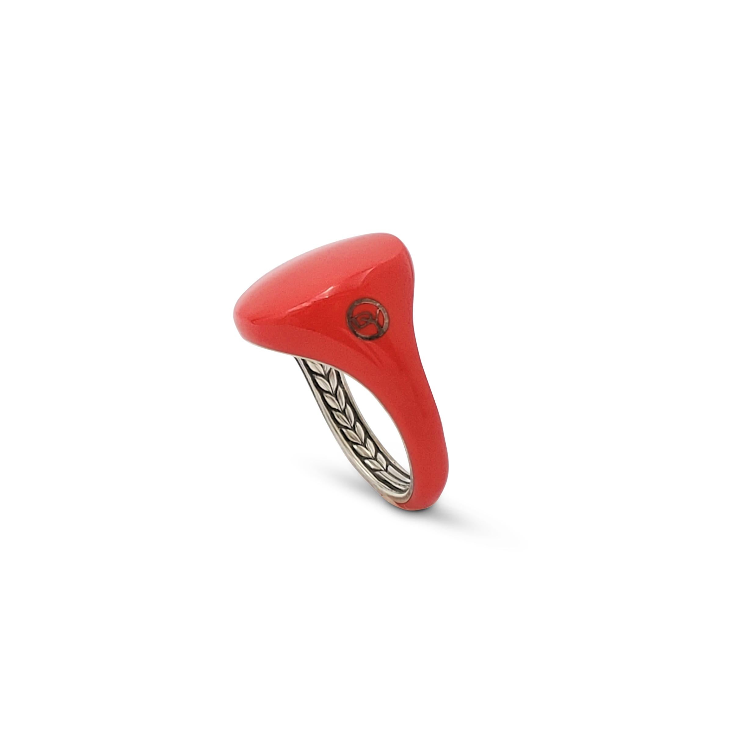 Authentic David Yurman pinky ring from the 'Cable Collectibles' collection is crafted in silver and coated in vibrant candy apple red-colored ceramic. Signed DY, 925. Ring size 5. The ring is presented with the original pouch, no box or papers.