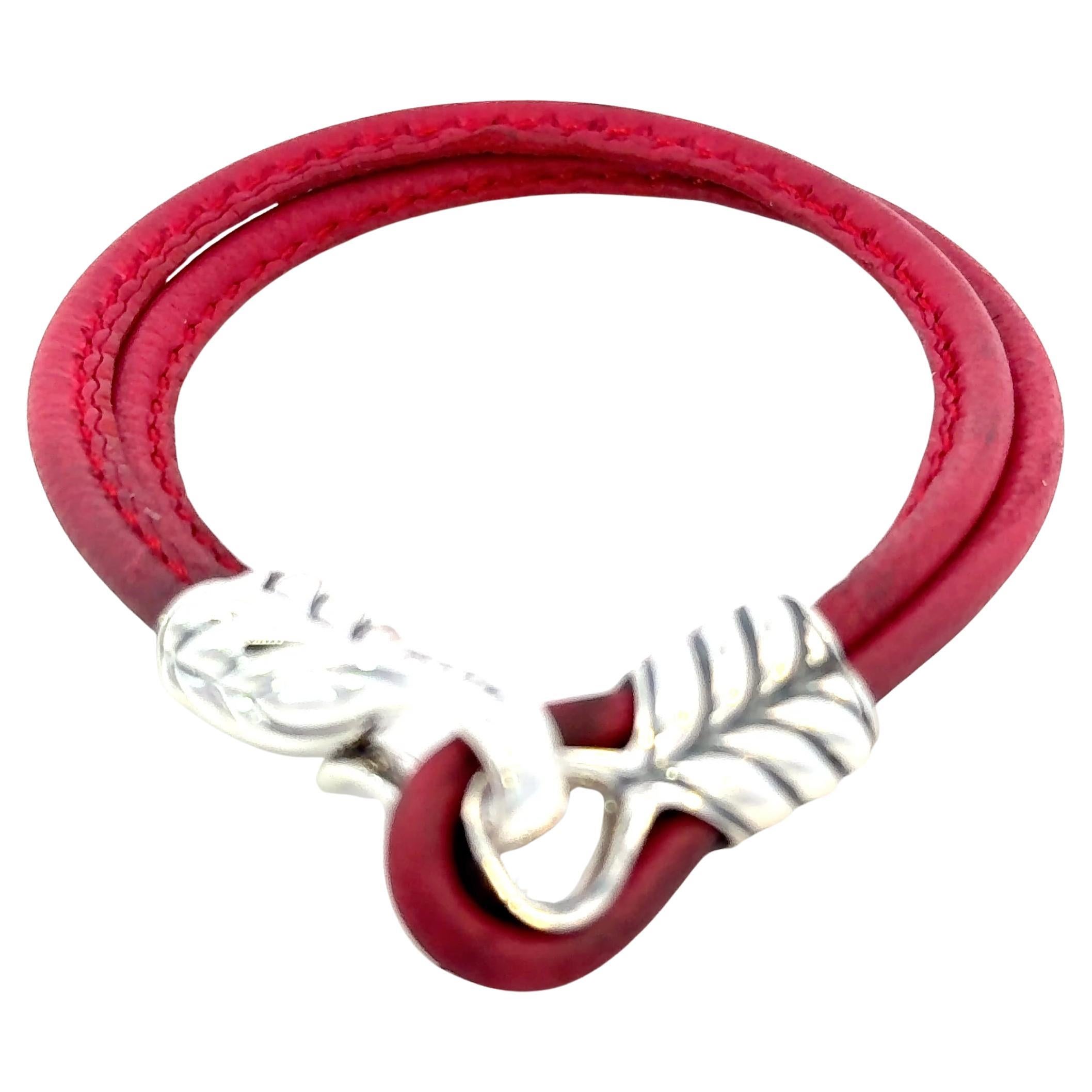 David Yurman Red Leather Bracelet 9" Sterling Silver Estate in vendita