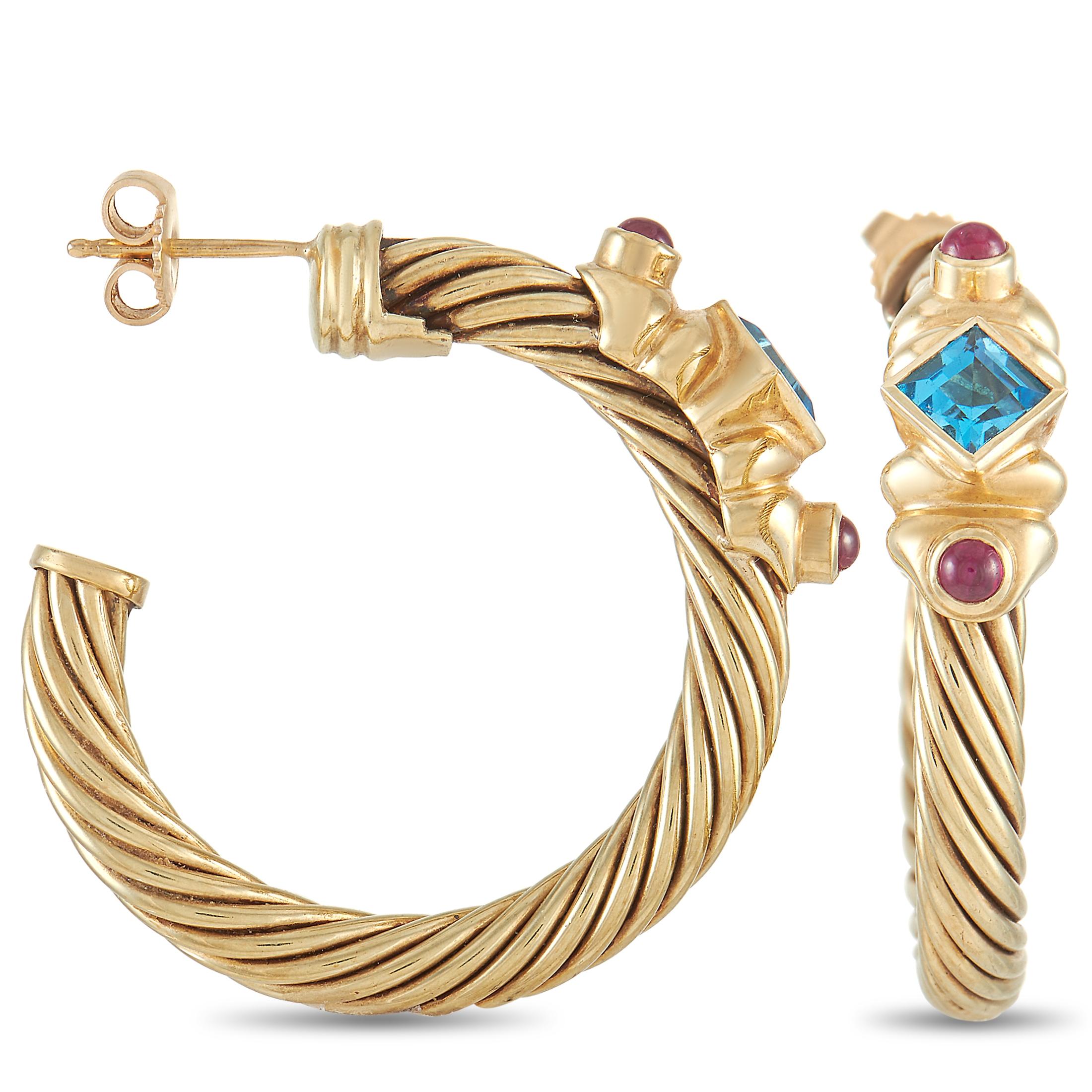 Add color, character, and class to your basics with the David Yurman 14K Yellow Gold Ruby & Topaz Renaissance Hoop Earrings. This fine pair of ear jewels features twisted cable hoops accented with blue topaz and purplish-pink rubies. Securing these