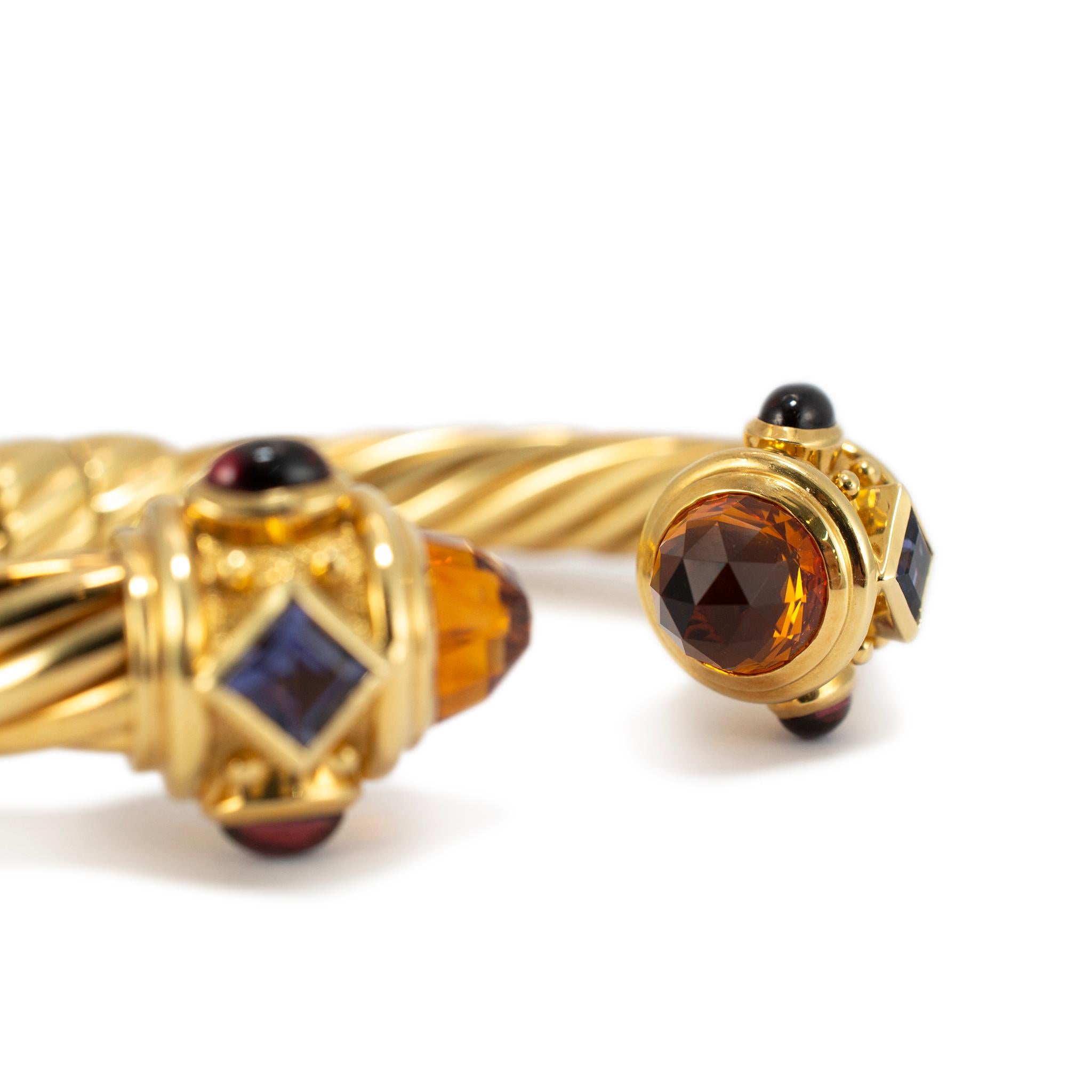 Round Cut David Yurman Renaissance 18K Yellow Gold Multi Gem Classic Cable Cuff Bracelet
