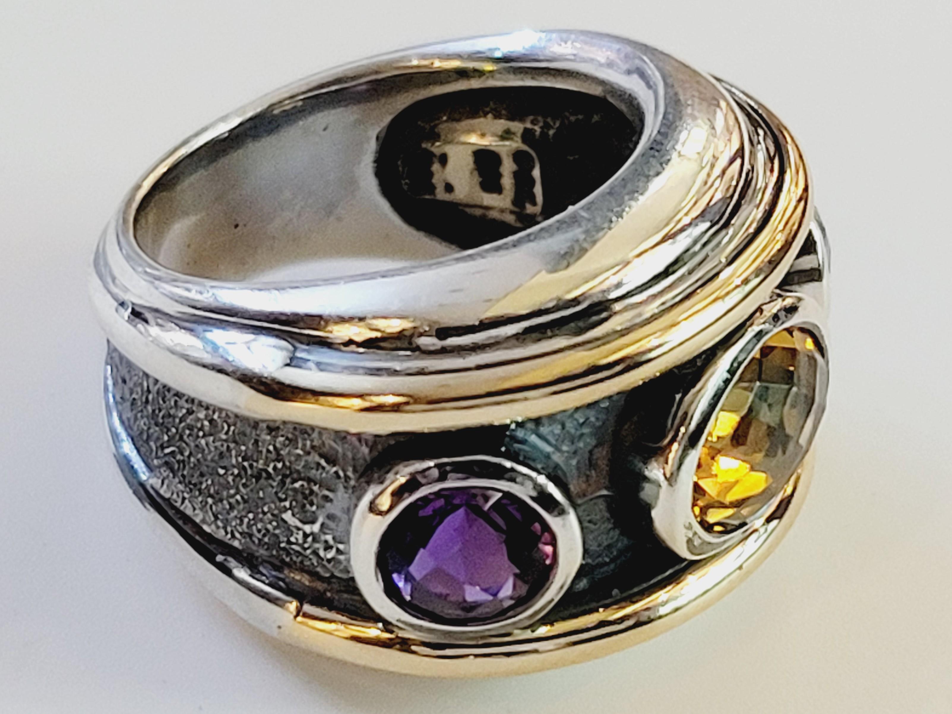 Oval Cut David Yurman Renaissance 3 Stone Citrine & purple Sterling Silver Gold band ring For Sale