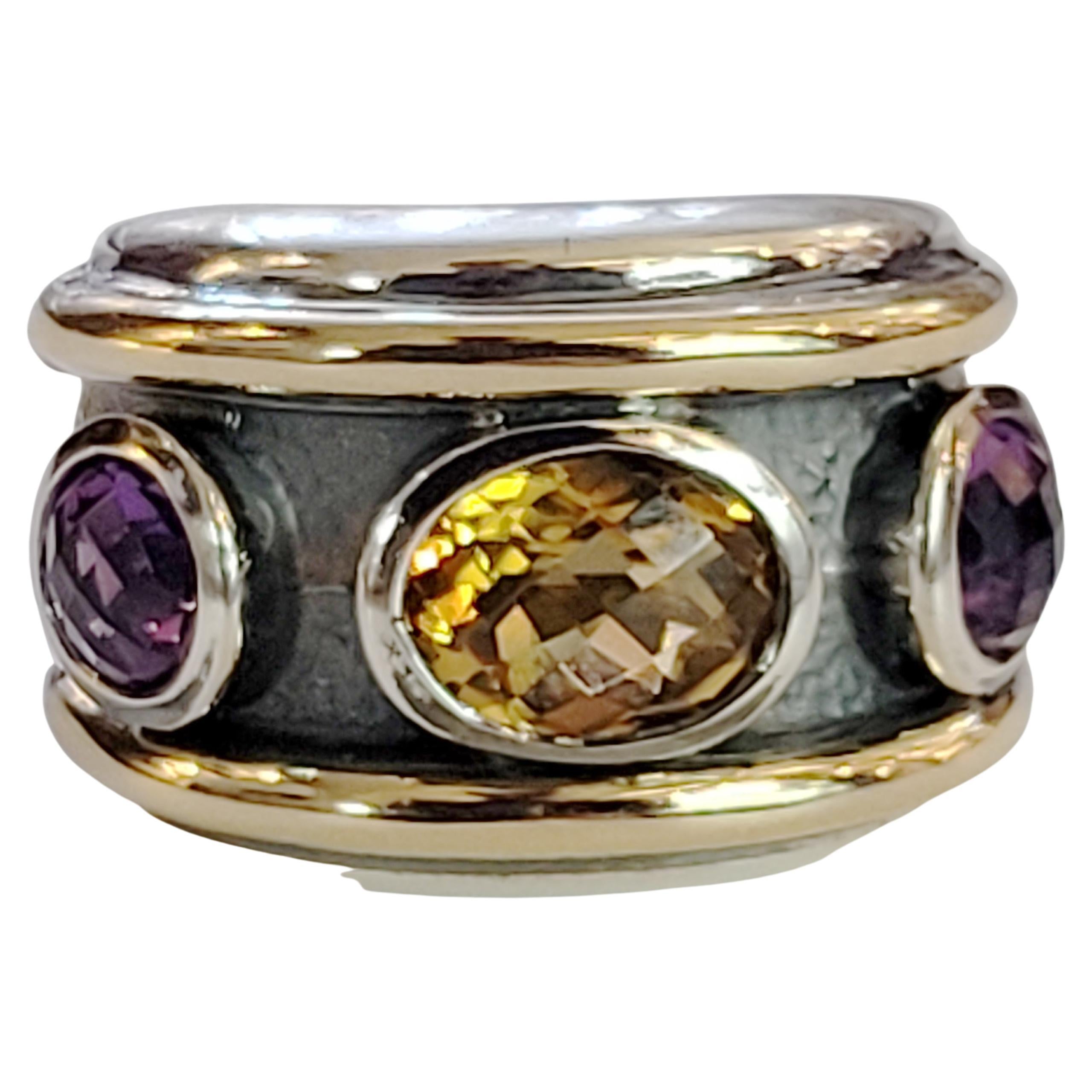 David Yurman Renaissance 3 Stone Citrine & purple Sterling Silver Gold band ring For Sale