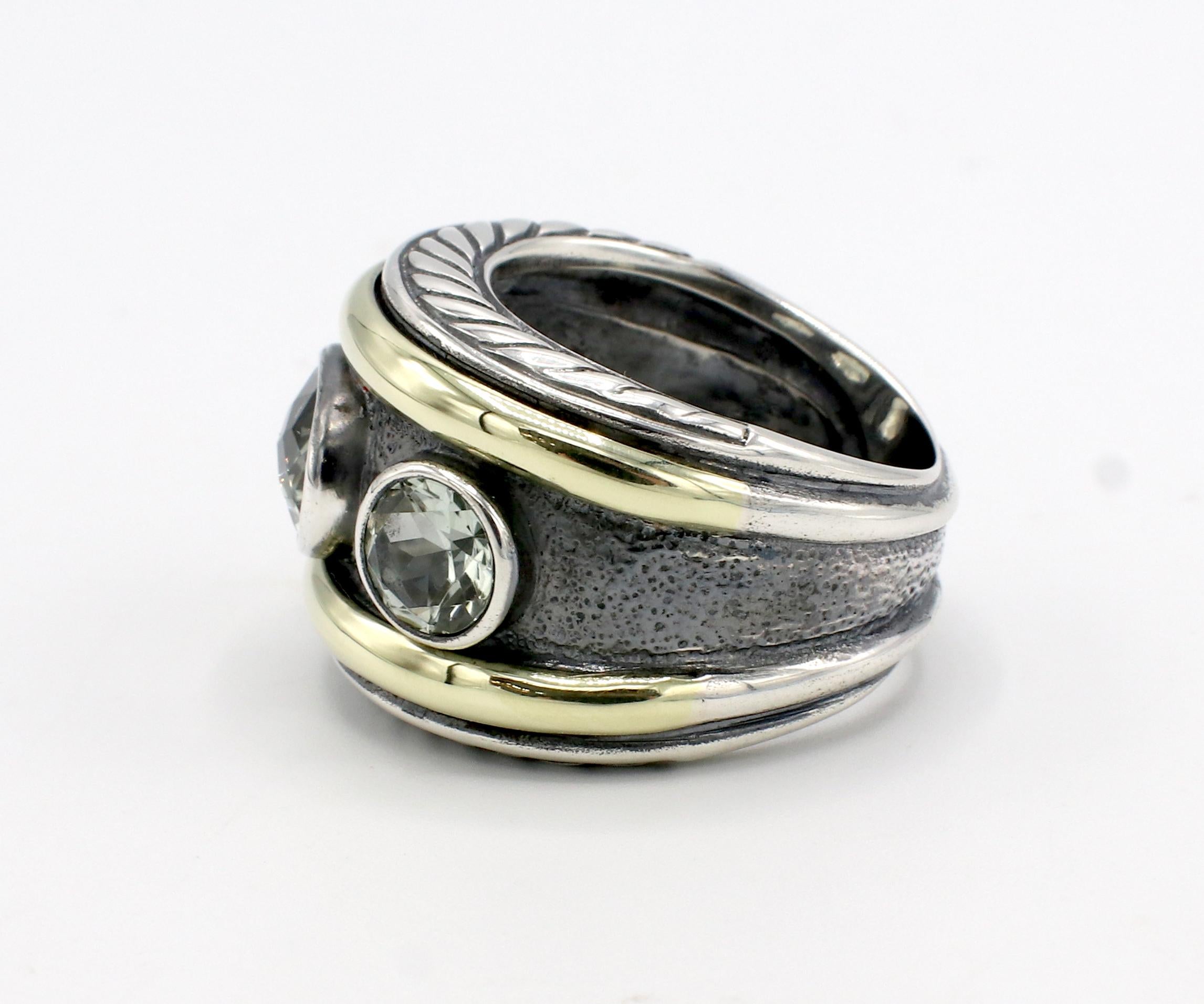 David Yurman Renaissance 3 Stone Prasiolite Sterling Silver & Gold Band Ring 
Metal: Sterling silver & 14k yellow gold
Weight: 16.12 grams
Width: 7.5 - 17mm
Size: 7 (US)
