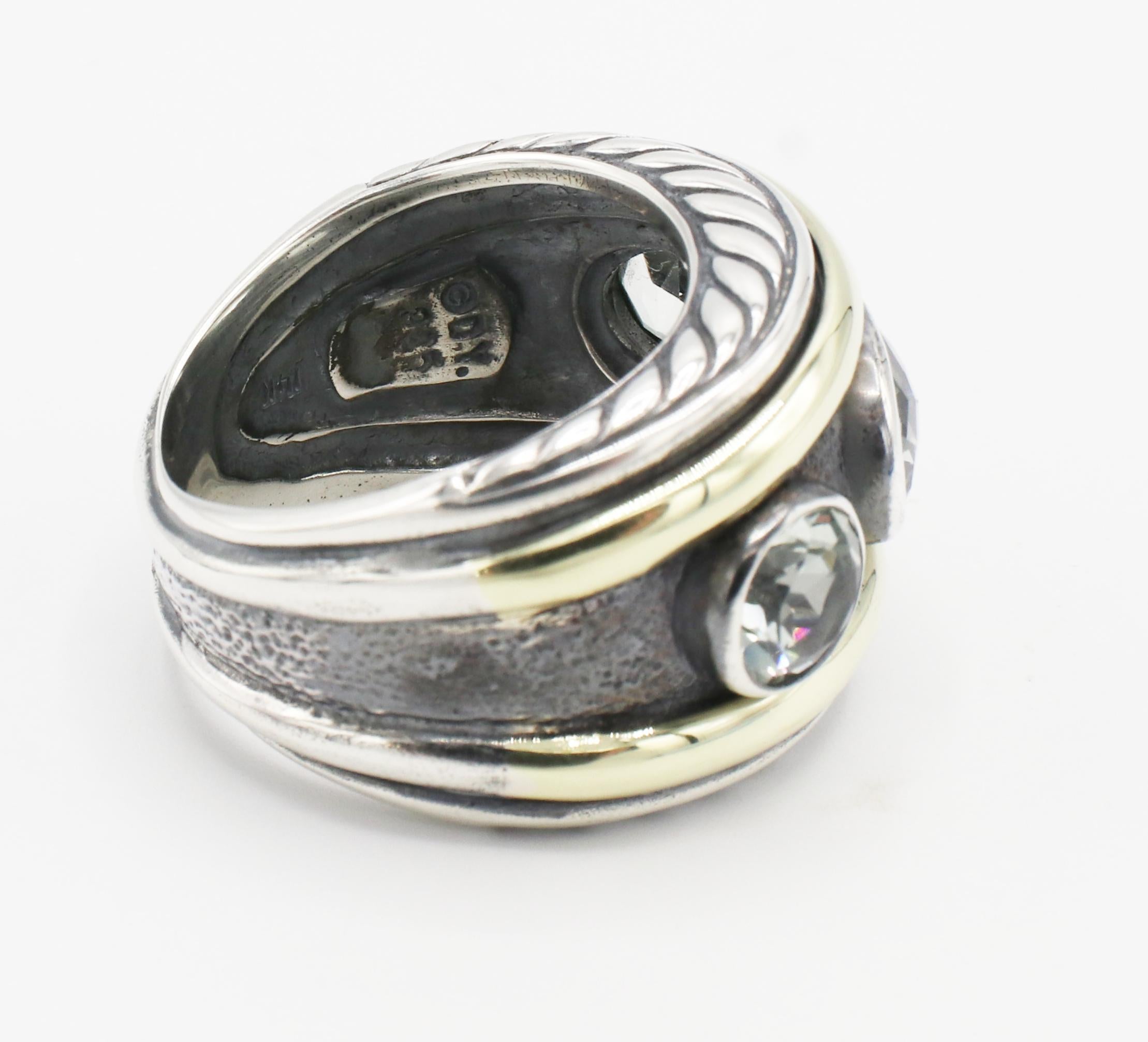 Modern David Yurman Renaissance 3 Stone Prasiolite Sterling Silver & Gold Band Ring
