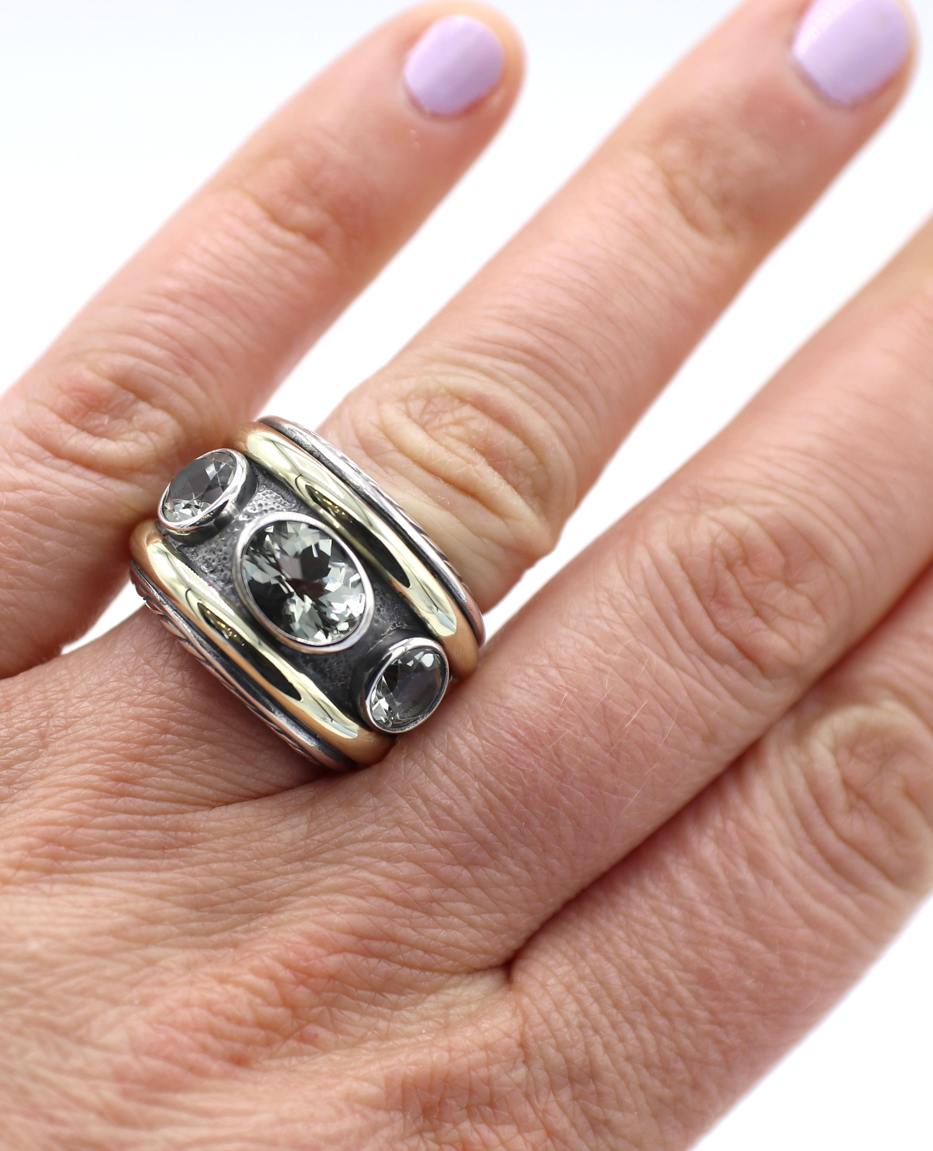 David Yurman Renaissance 3 Stone Prasiolite Sterling Silver & Gold Band Ring In Good Condition In  Baltimore, MD